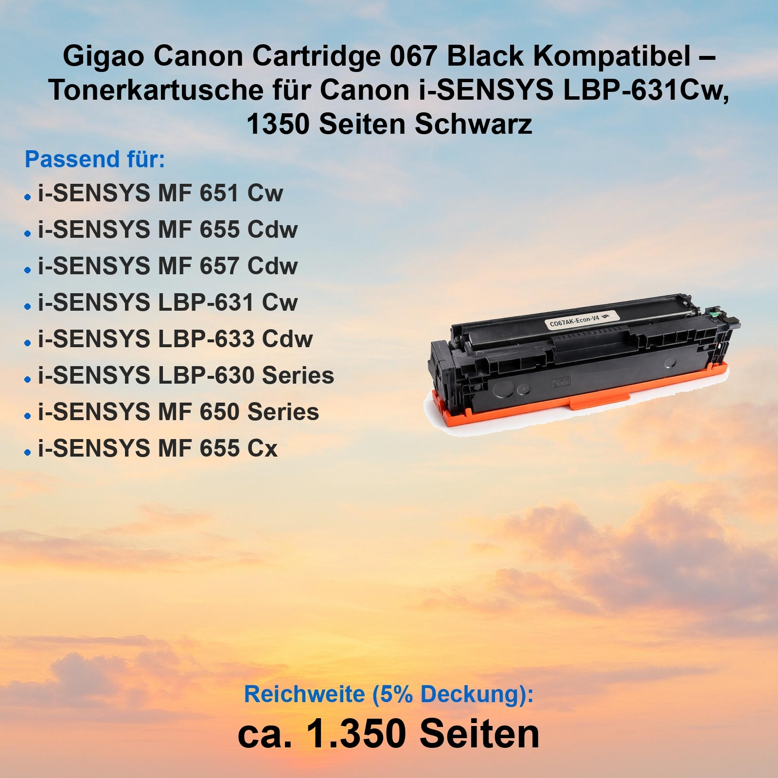 Schwarze Canon 067 Tonerkartusche mit orangefarbener Basis, passt für i-SENSYS.