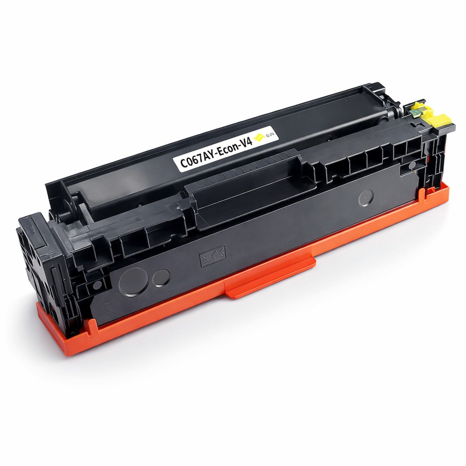Ein schwarzer Toner mit orangefarbenem Gehäuse, Modell C067AY-Econ-V4.