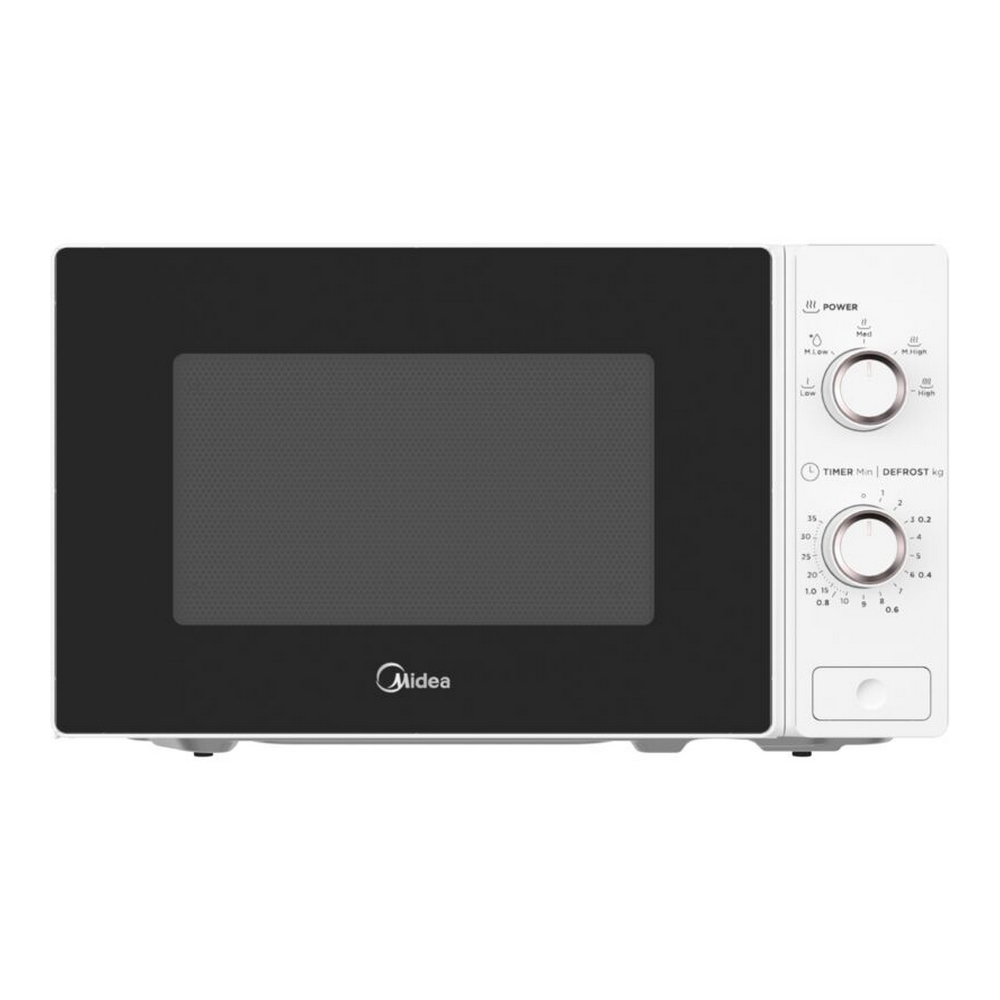 Forno a microonde bianco con porta nera e pannello di controllo con due manopole.