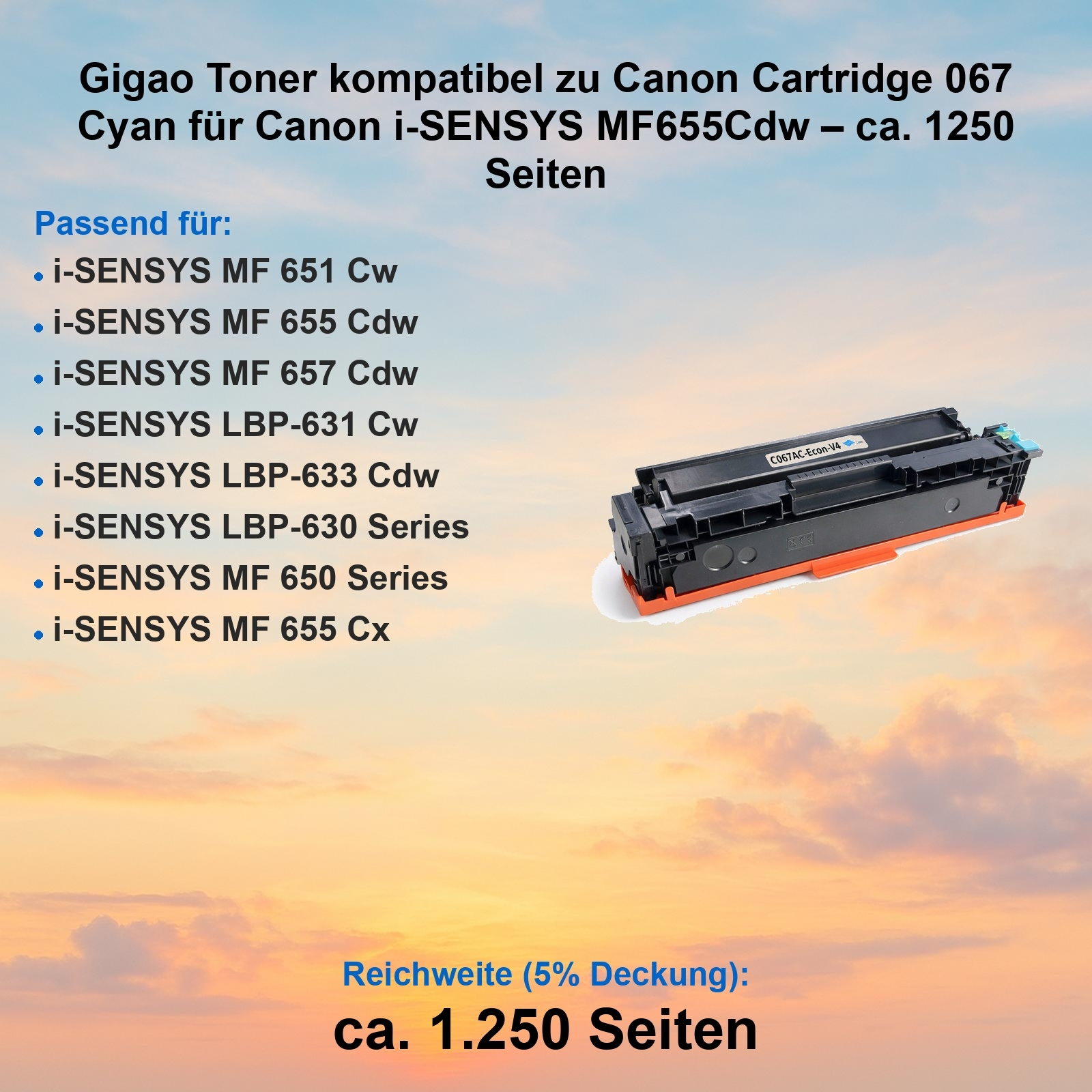 Cyan-Toner-Kartusche für Canon i-SENSYS MF655Cdw, ca. 1250 Seiten.