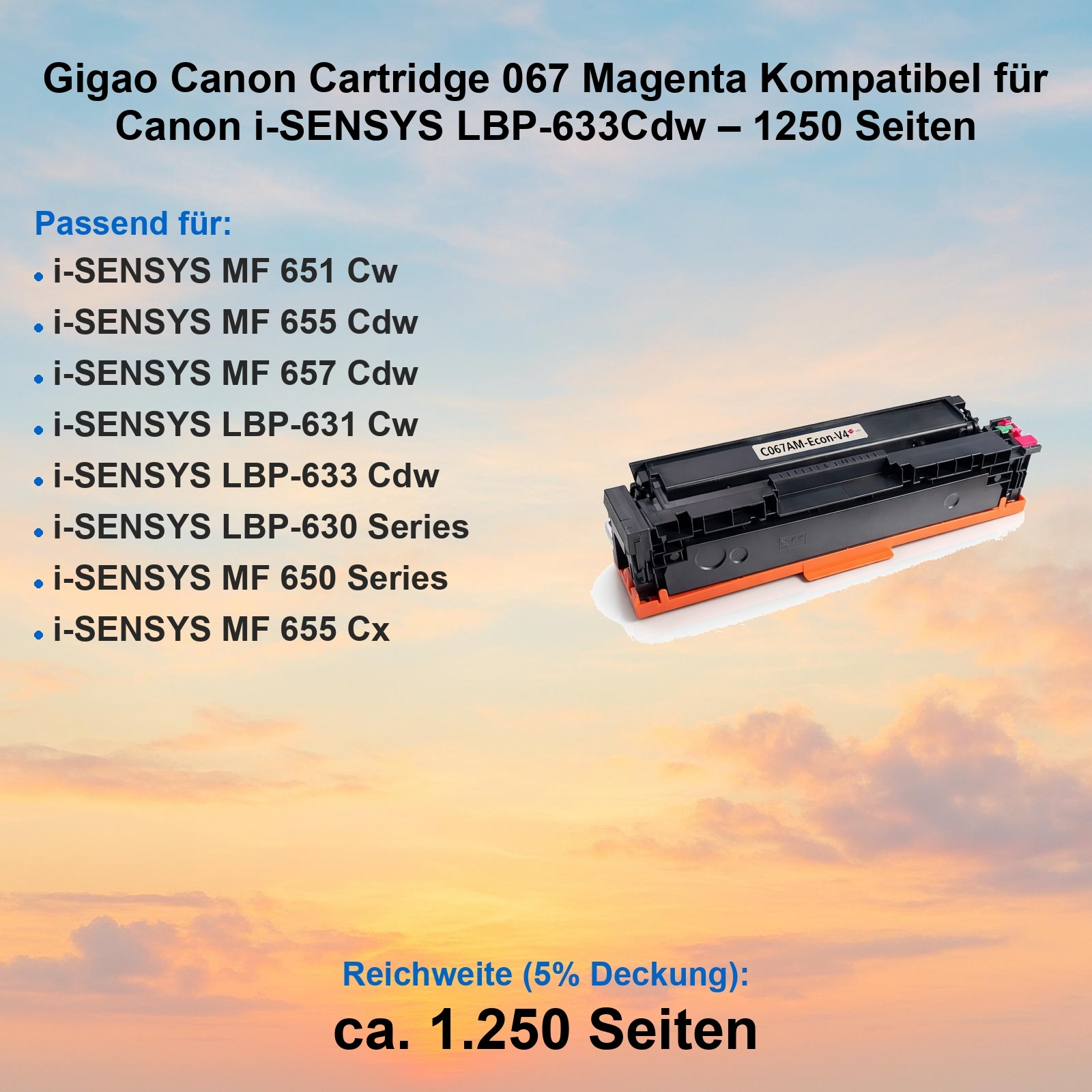 Magenta Canon Tonerpatrone 067 für Canon i-SENSYS LBP-633Cdw, 1250 Seiten.