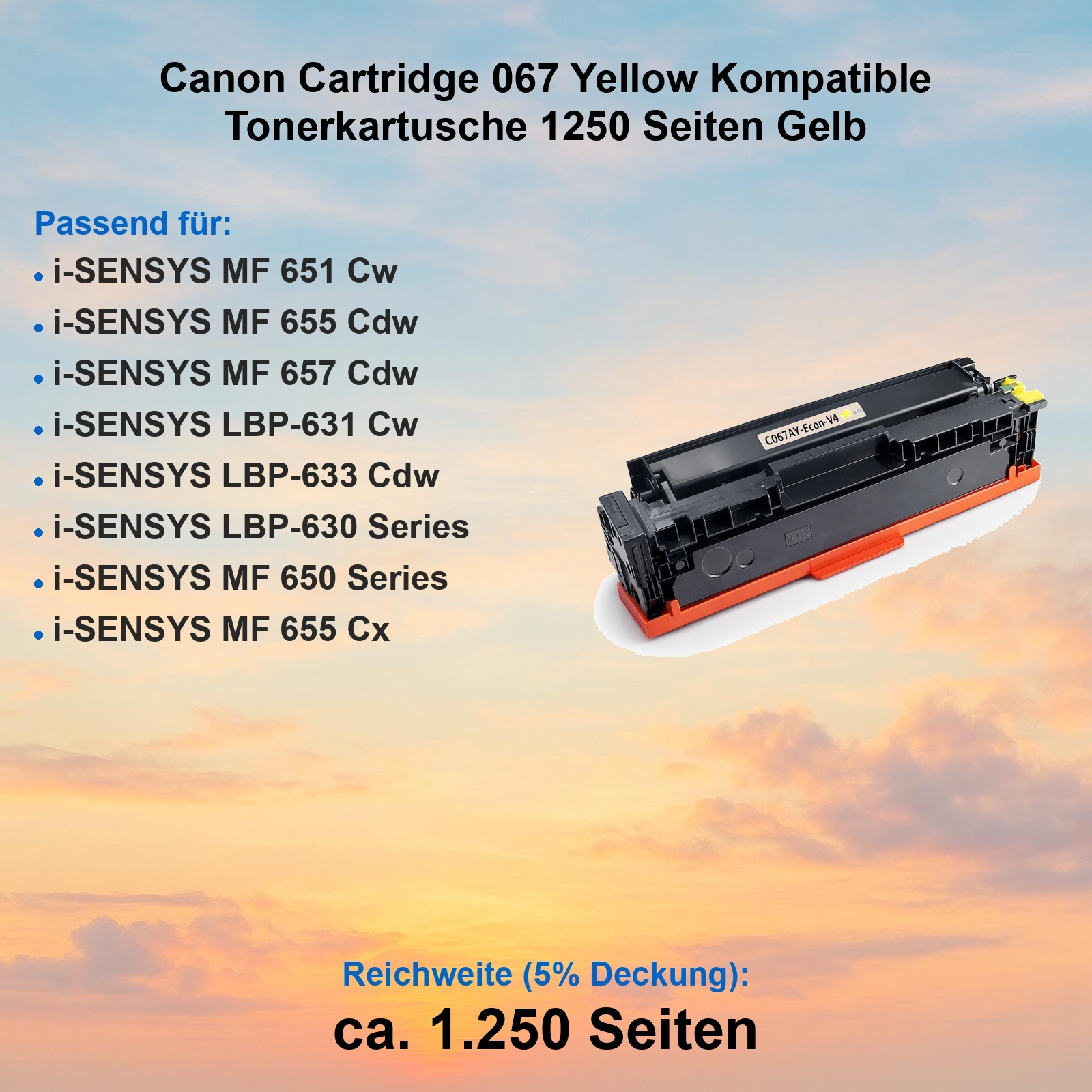 Gelbe Canon 067 Tonerkartusche für i-SENSYS Drucker, 1250 Seiten.