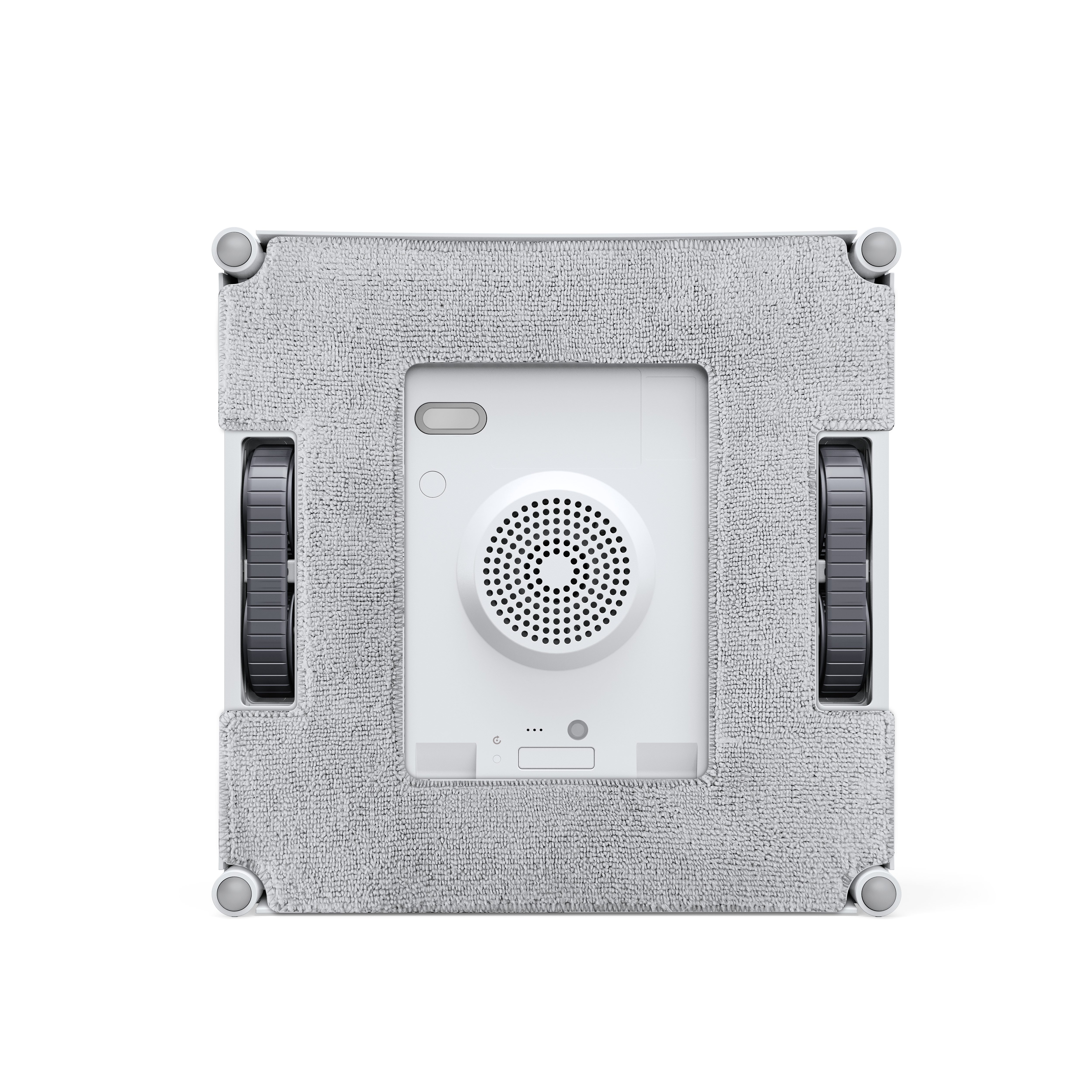 Szary robot do czyszczenia okien z kołami i kratką wentylatora.