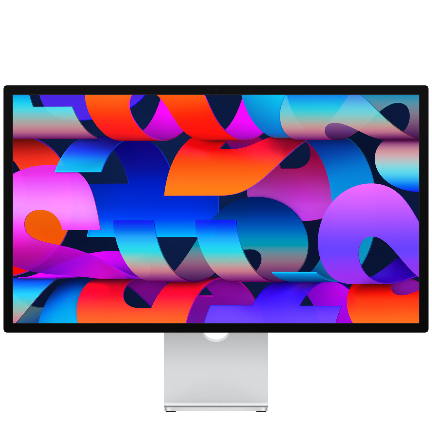 Un moderno monitor argentato con uno sfondo astratto e vibrante.