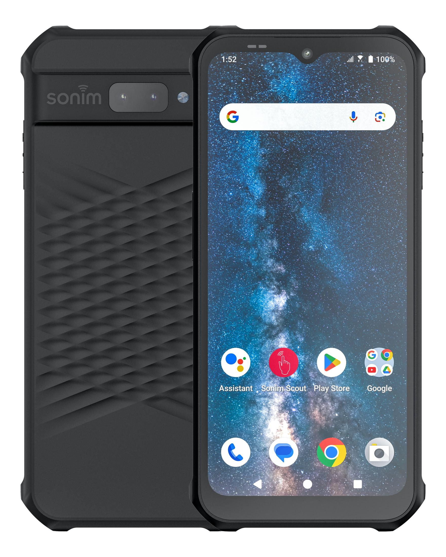 Ein schwarzes Sonim Smartphone mit Sternenhimmel-Hintergrund. Rückseite links.