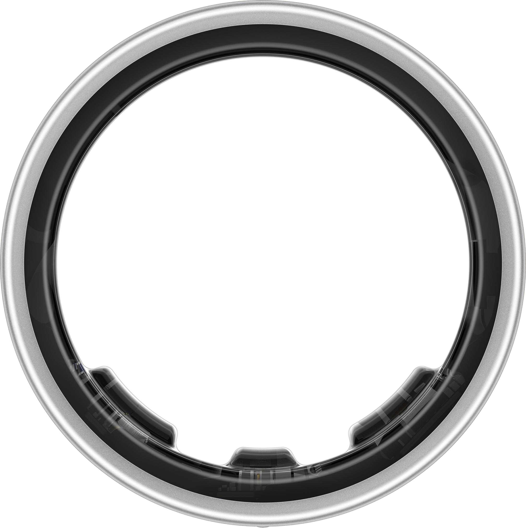 Ein silberner Ring mit schwarzem Einsatz und durchsichtigen Details.