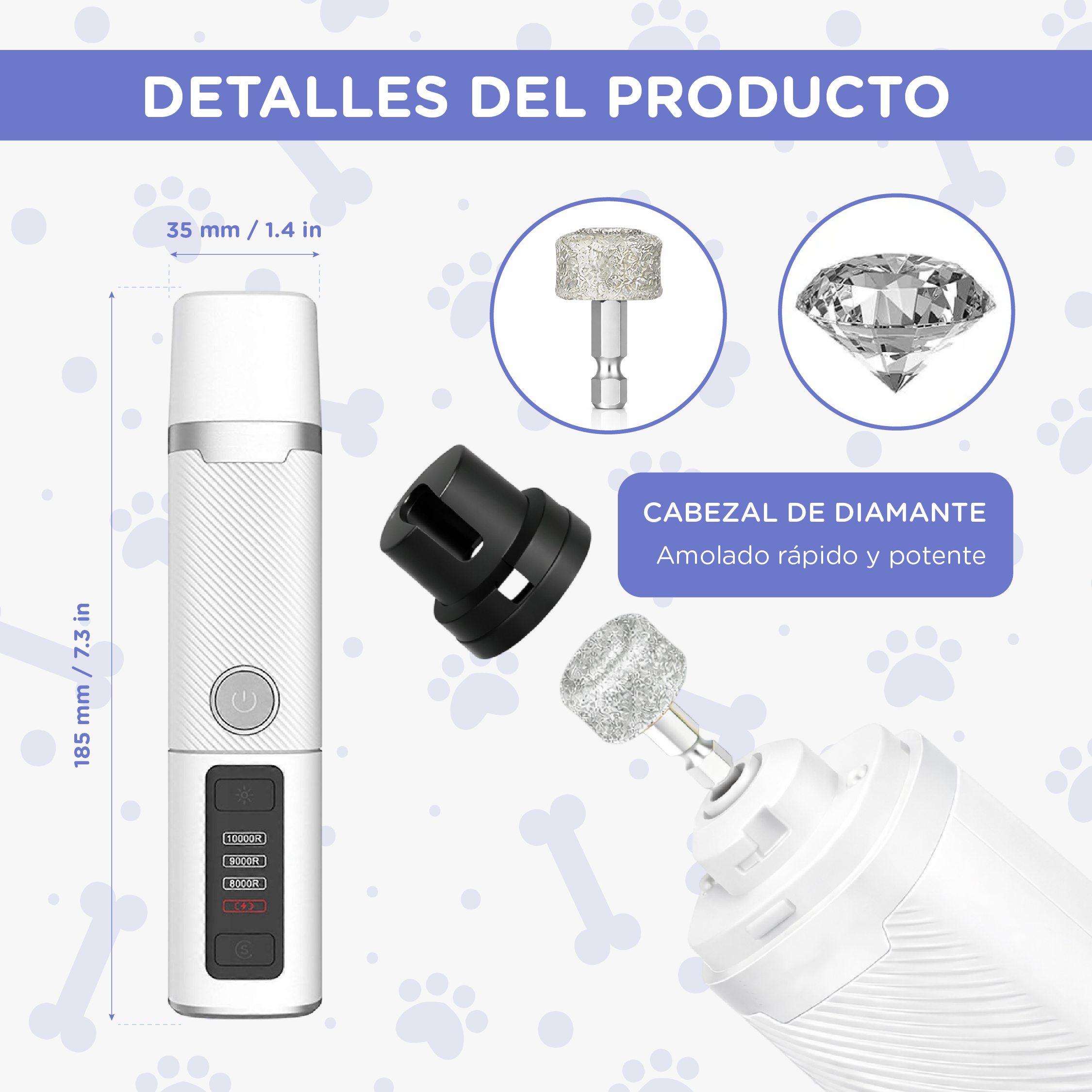 Imagen del producto mostrando un cortaúñas, dimensiones y brocas de diamante.
