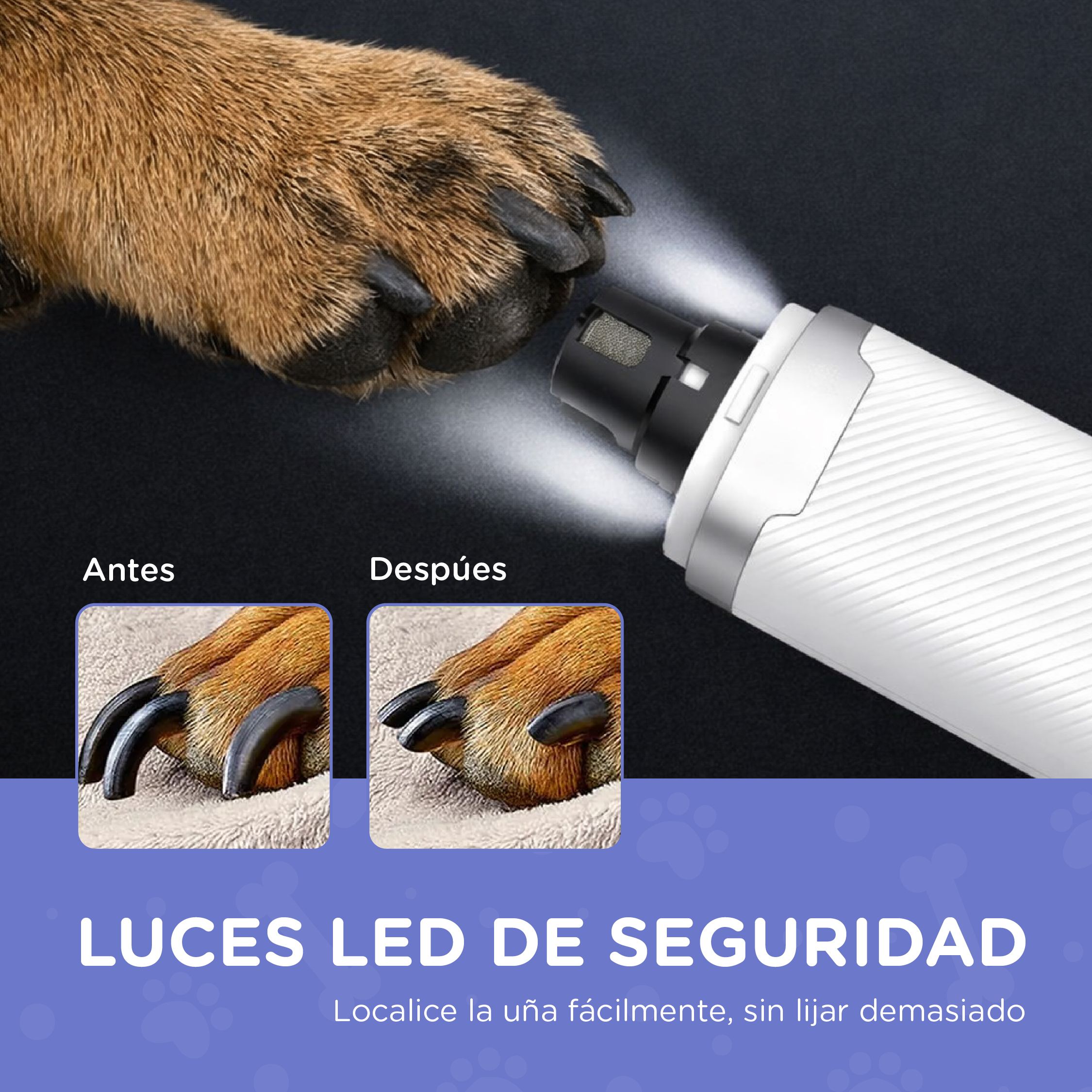 Pata de perro con limador de uñas: Comparación antes y después.