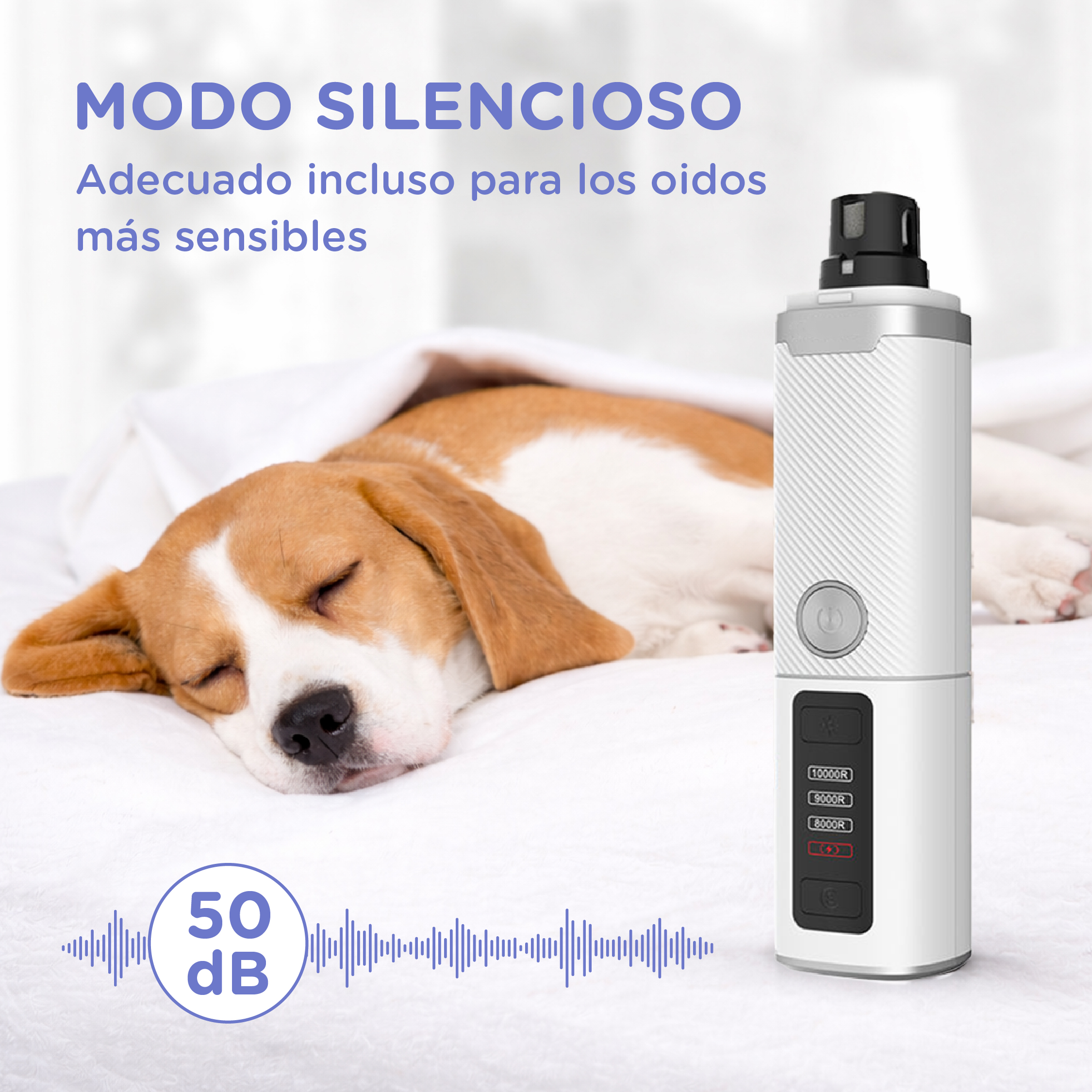 Un cachorro beagle duerme sobre ropa de cama blanca junto a un dispositivo blanco con tapa negra.
