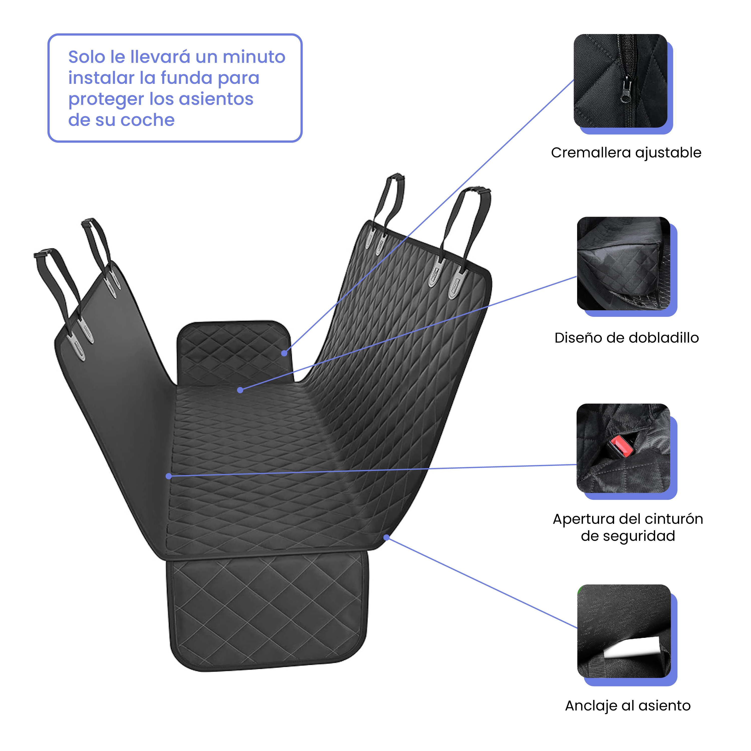Funda negra para asiento de coche con acolchado de rombos y correas ajustables.