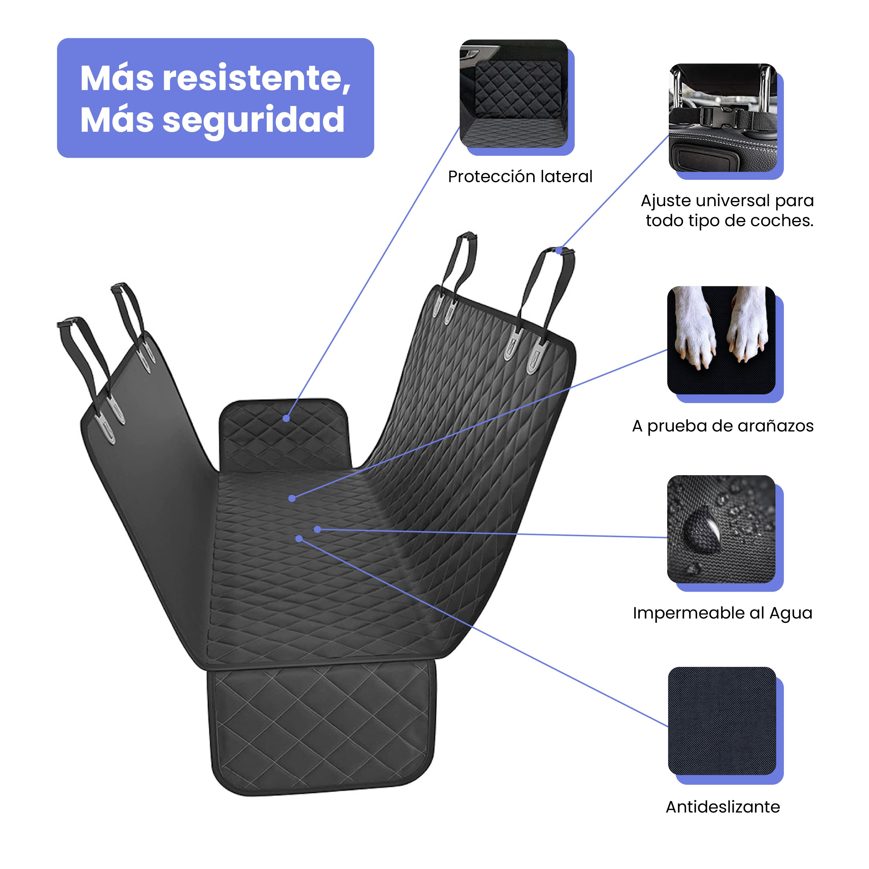 Funda negra acolchada para asiento de coche con correas. Resistente al agua y arañazos.