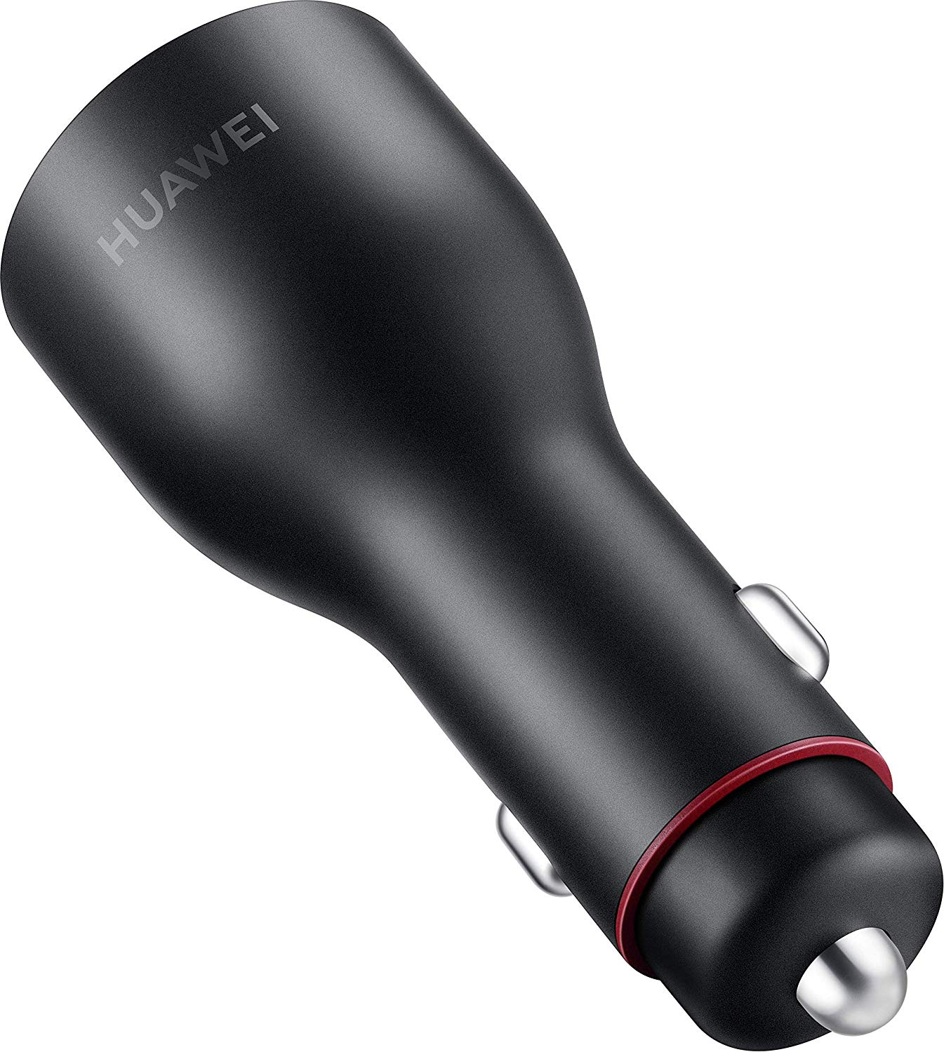 Adaptador cargador de coche Huawei negro con acento rojo y contactos plateados.