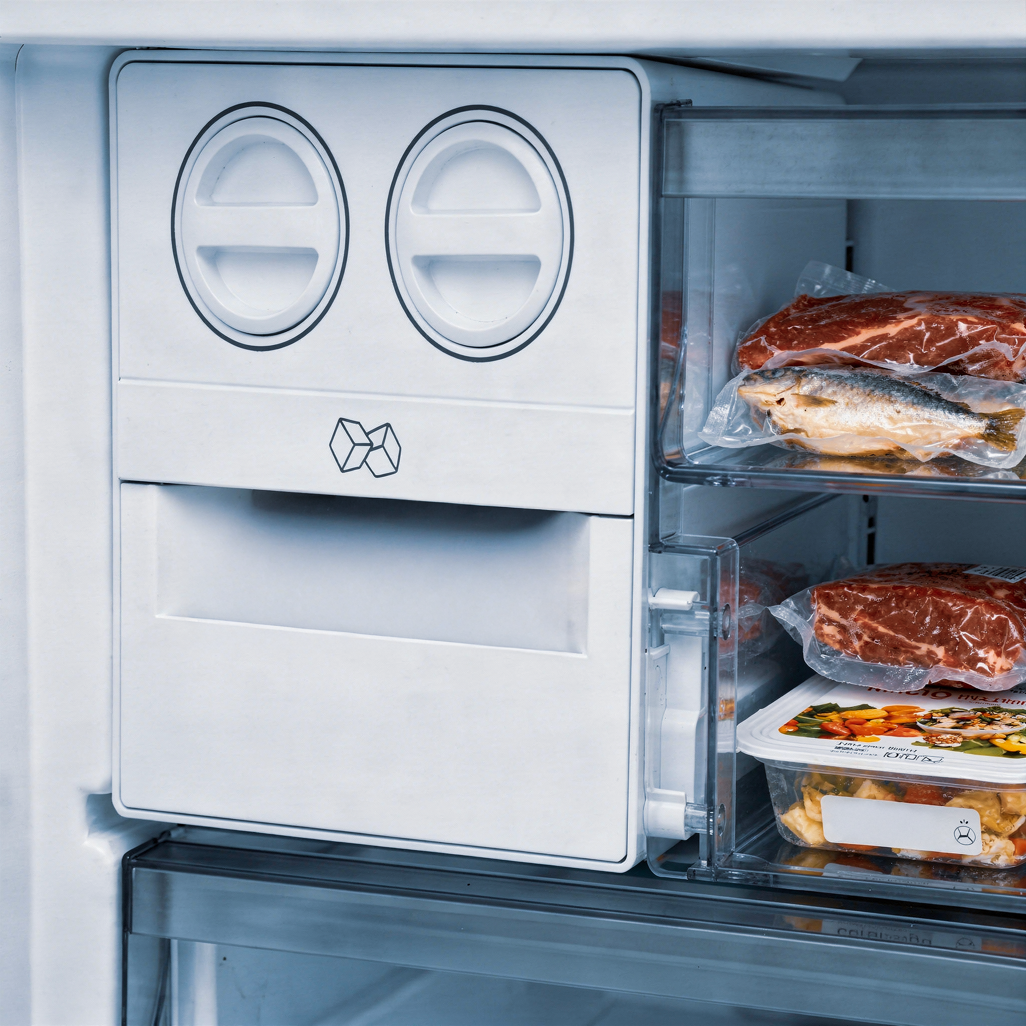 Freezer compartment with vacuum-sealed meat, fish, and a container of food leftovers.