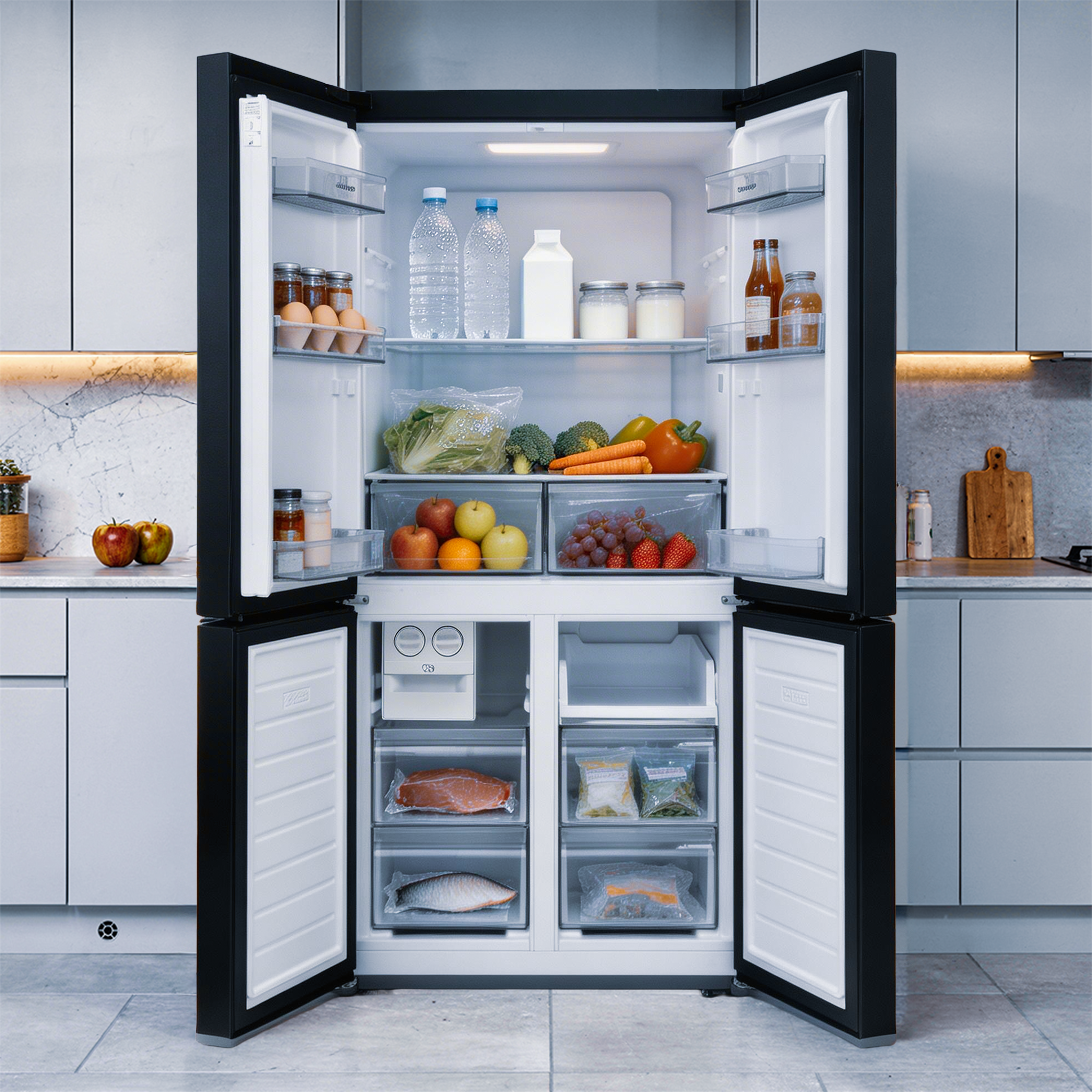 An open refrigerator filled with food items like vegetables, fruit, eggs, bottles, and packaged fish.