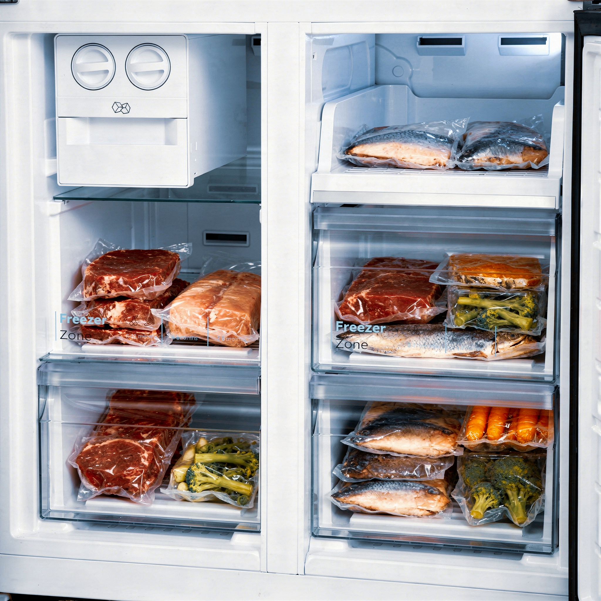 An open refrigerator with vacuum-sealed meat, fish, and vegetables.