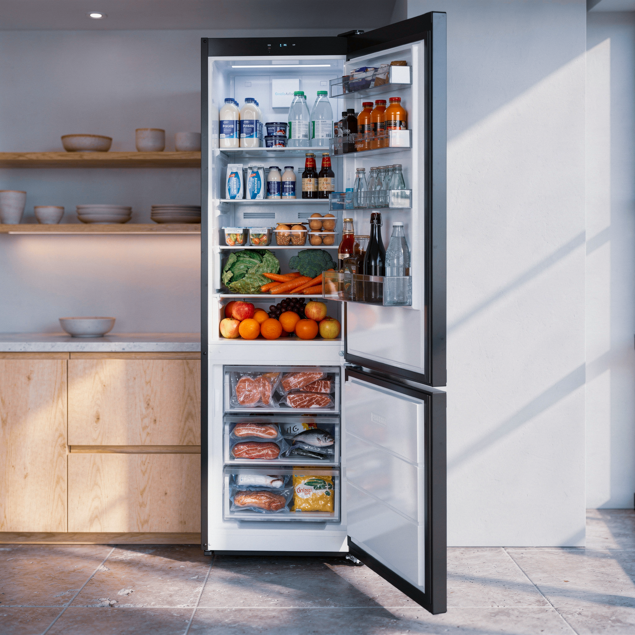An open refrigerator filled with food: milk, juice, vegetables, fruit, eggs, and meat.
