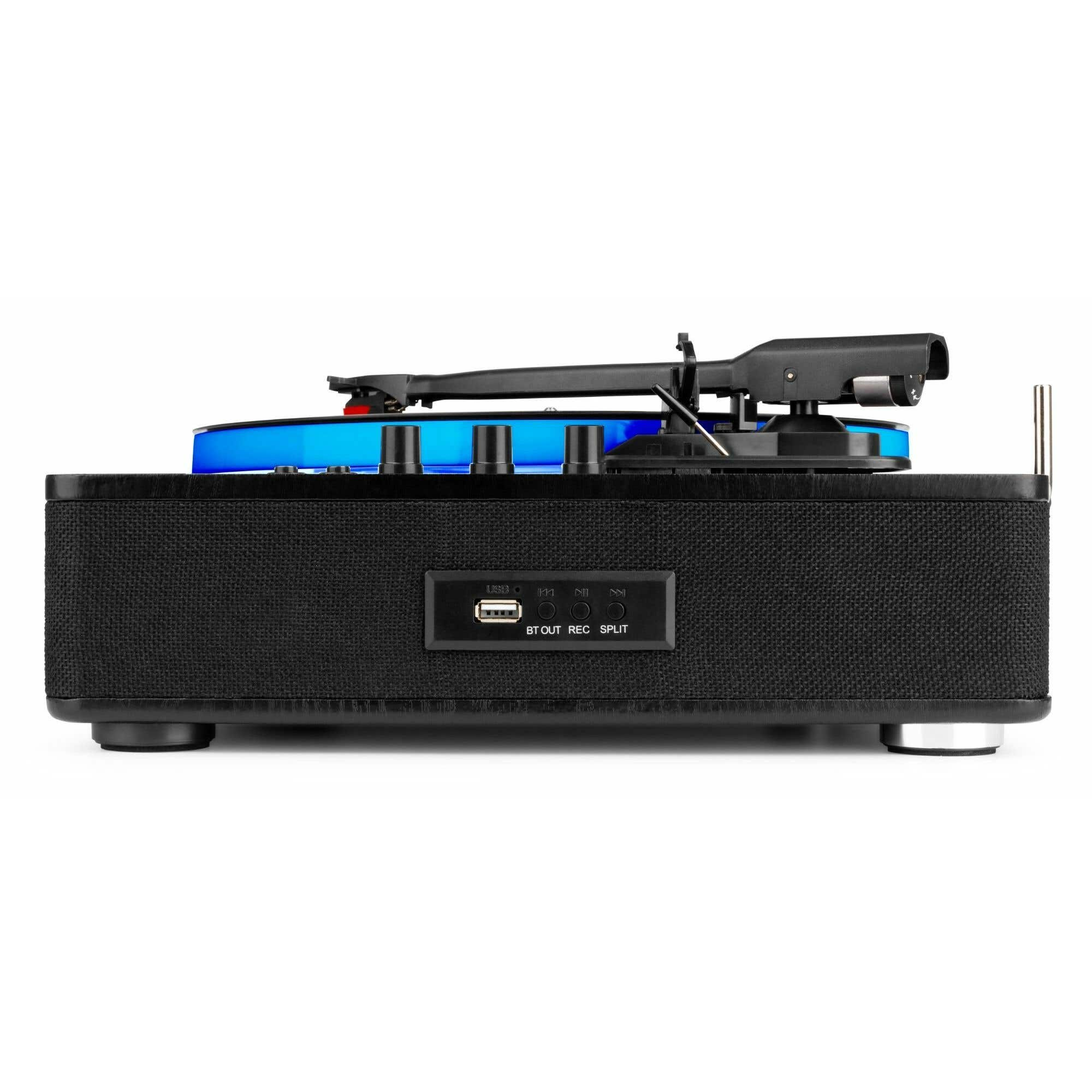 Tocadiscos negro con plato azul, aguja y controles.