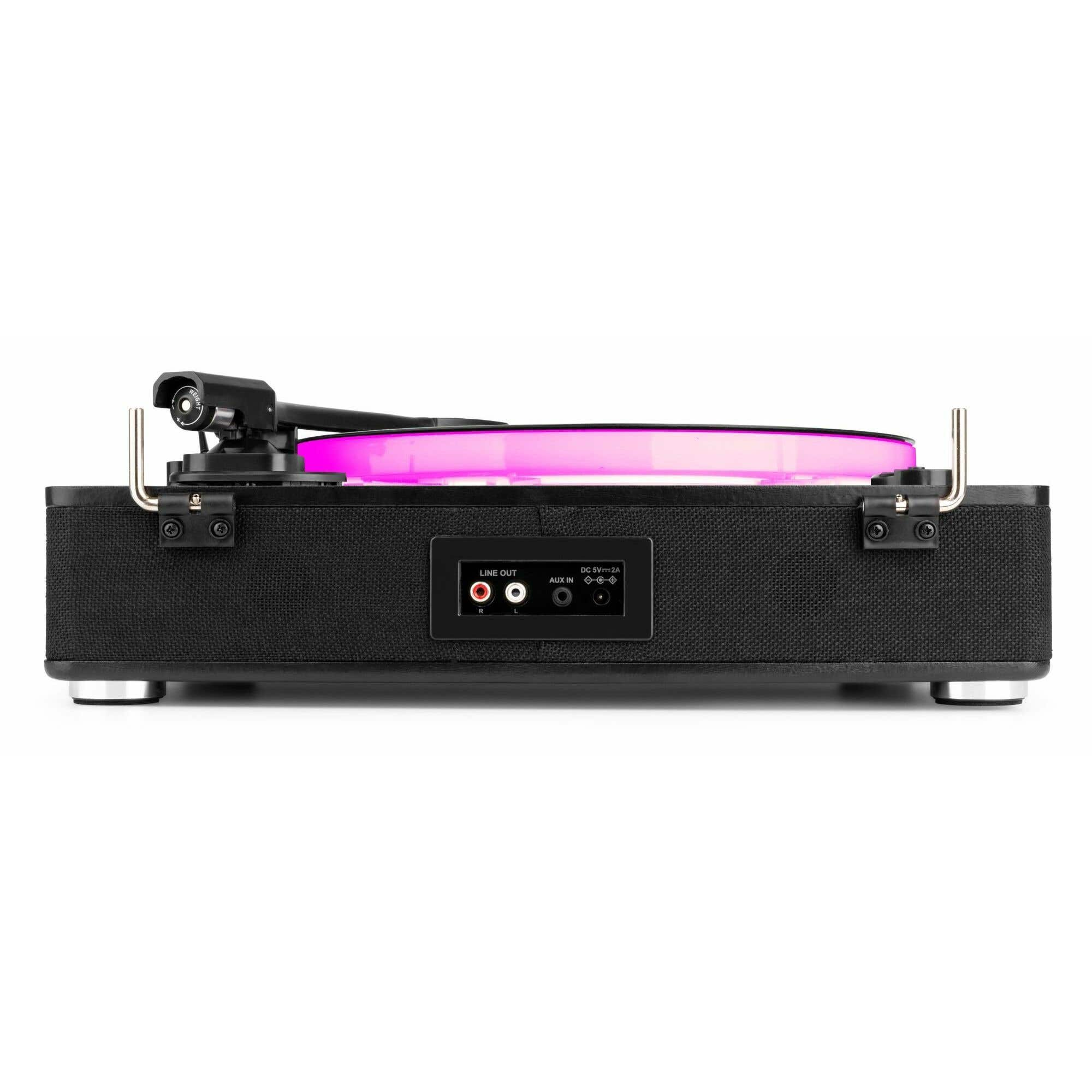 Schwarzer Plattenspieler mit pinker beleuchteter Platte. Anschlüsse: Line Out, Aux In.