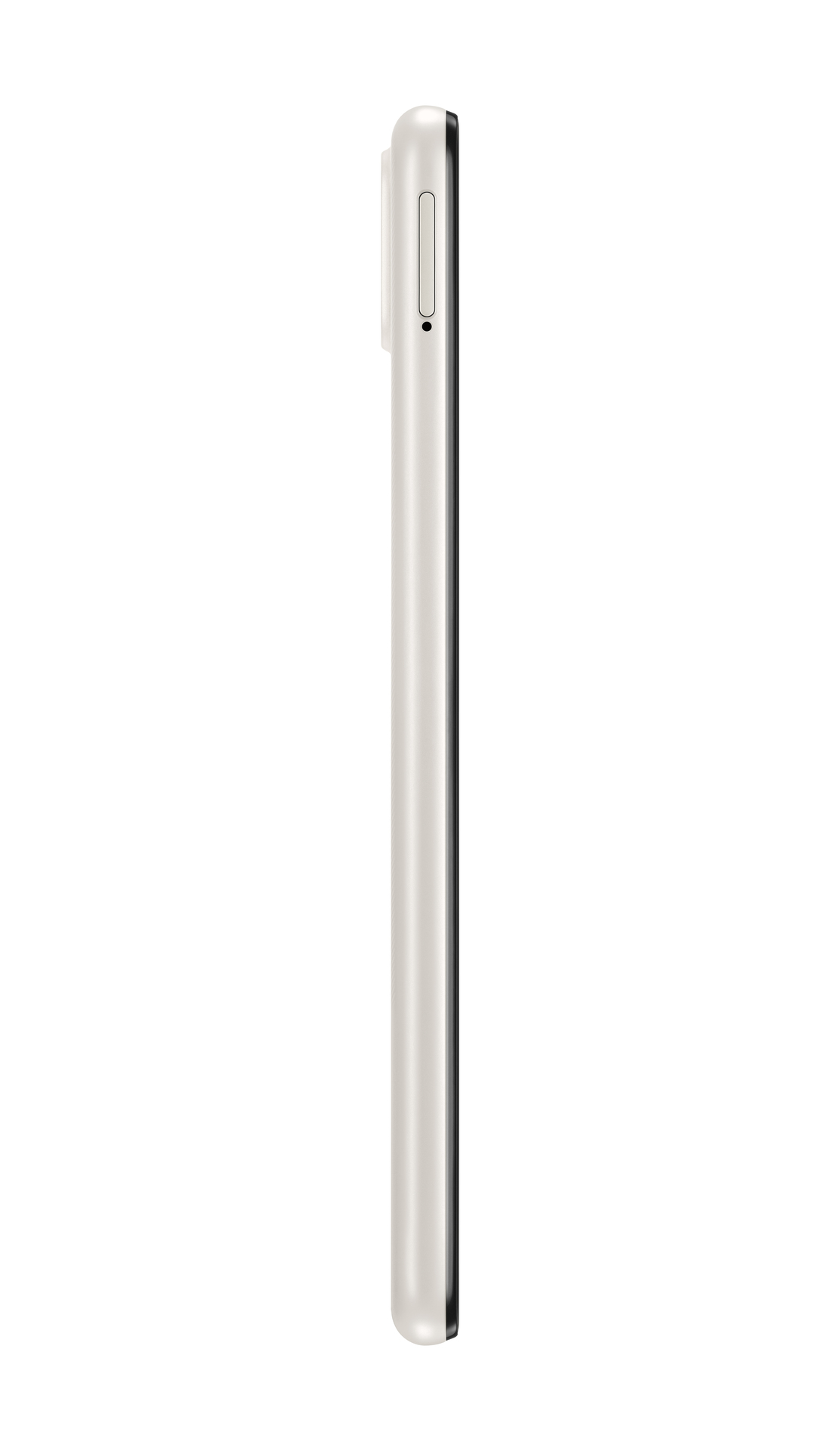 Zijaanzicht van een witte telefoon met een donkere streep en een stip.