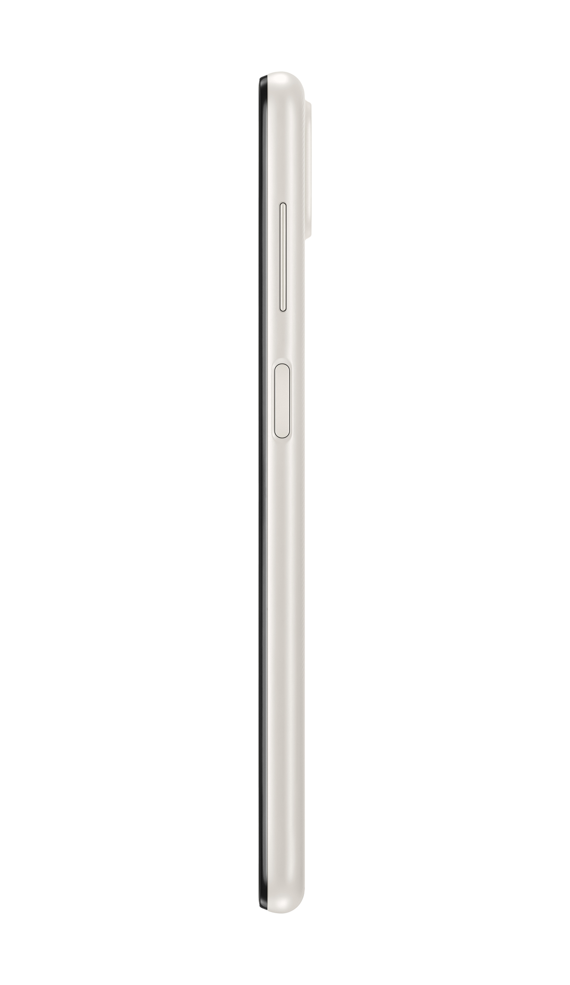 Zijaanzicht van een lichtbeige smartphone met knoppen.