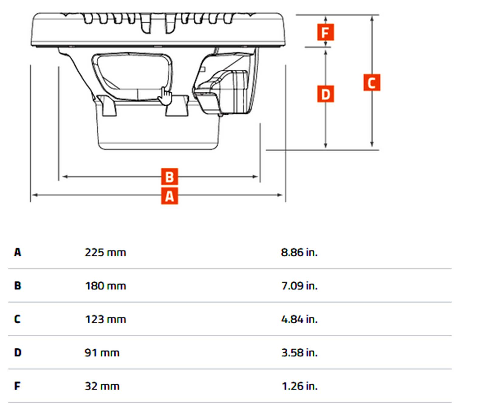 Diagramm zeigt Abmessungen A, B, C, D, F eines Lautsprecherbauteils.