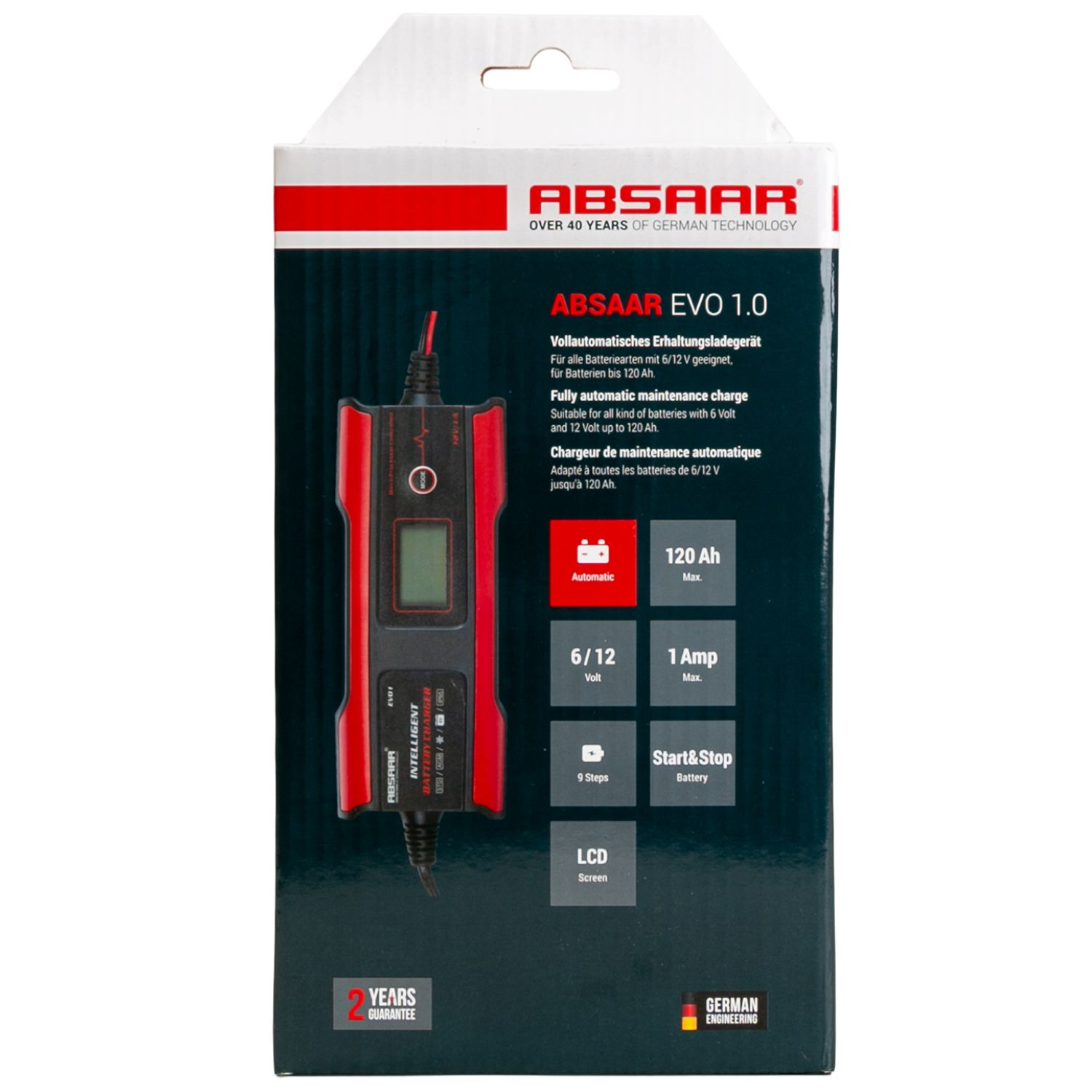 Rotes und schwarzes ABSAAR Ladegerät mit LCD-Bildschirm, 120 Ah, 6/12 V.