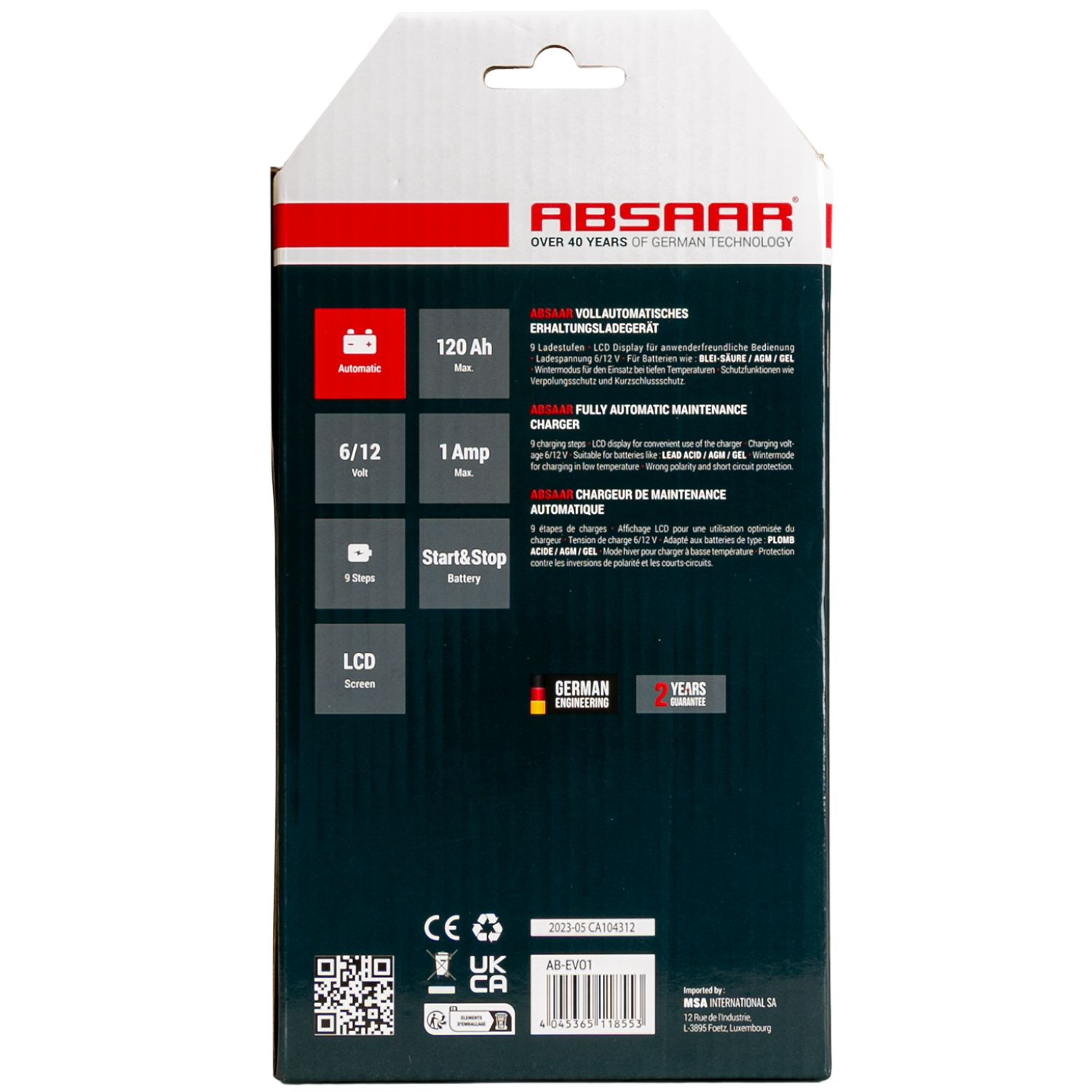 Verpackung eines ABSAAR Batterieladegeräts mit Details zu Funktionen und Spezifikationen.