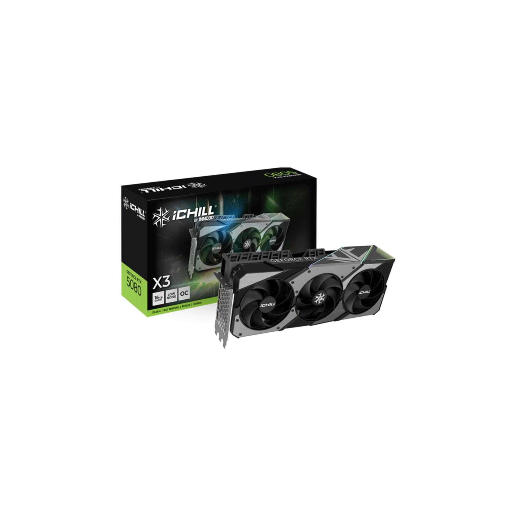 An Inno3D GeForce RTX 5080 X3 graphics card and box.