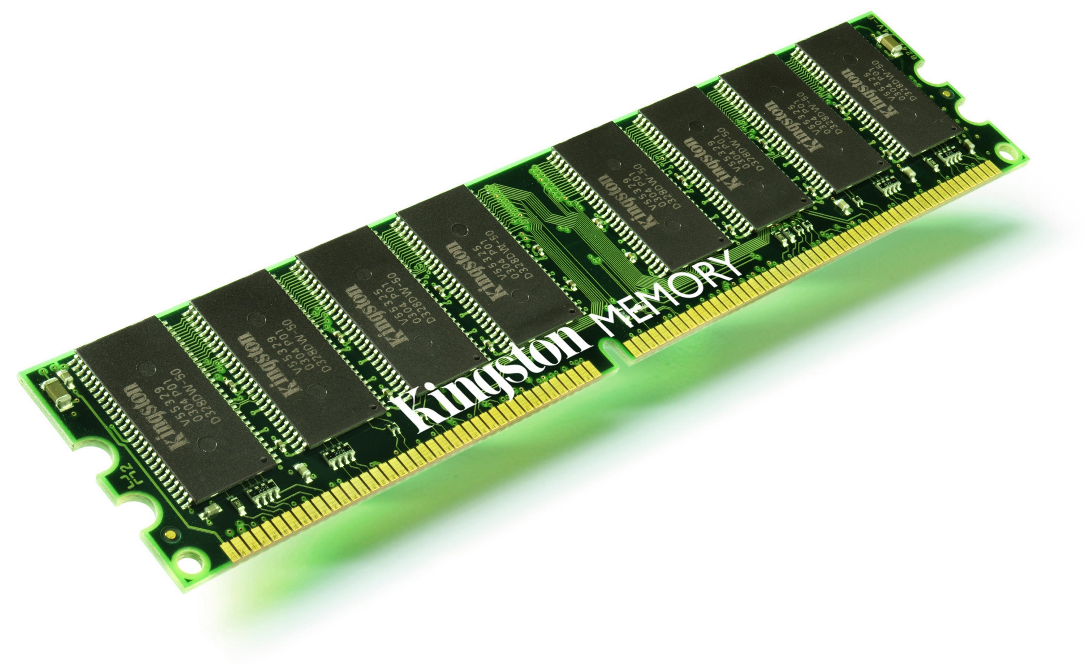 Ein grünes RAM-Modul mit schwarzen Chips und goldenen Kontakten auf weißem Grund.