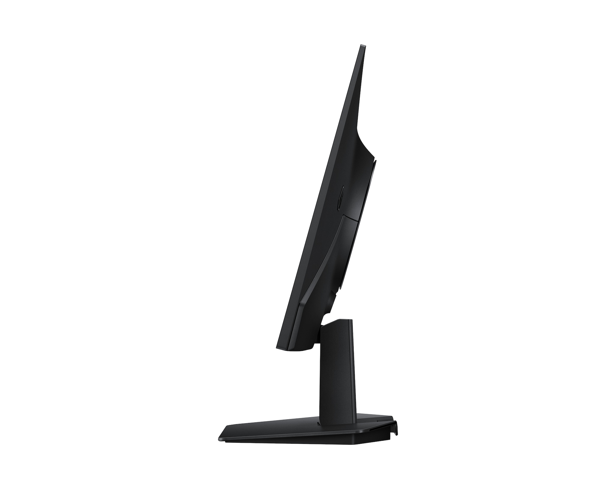 Zwarte computermonitor op een standaard, van de zijkant bekeken.