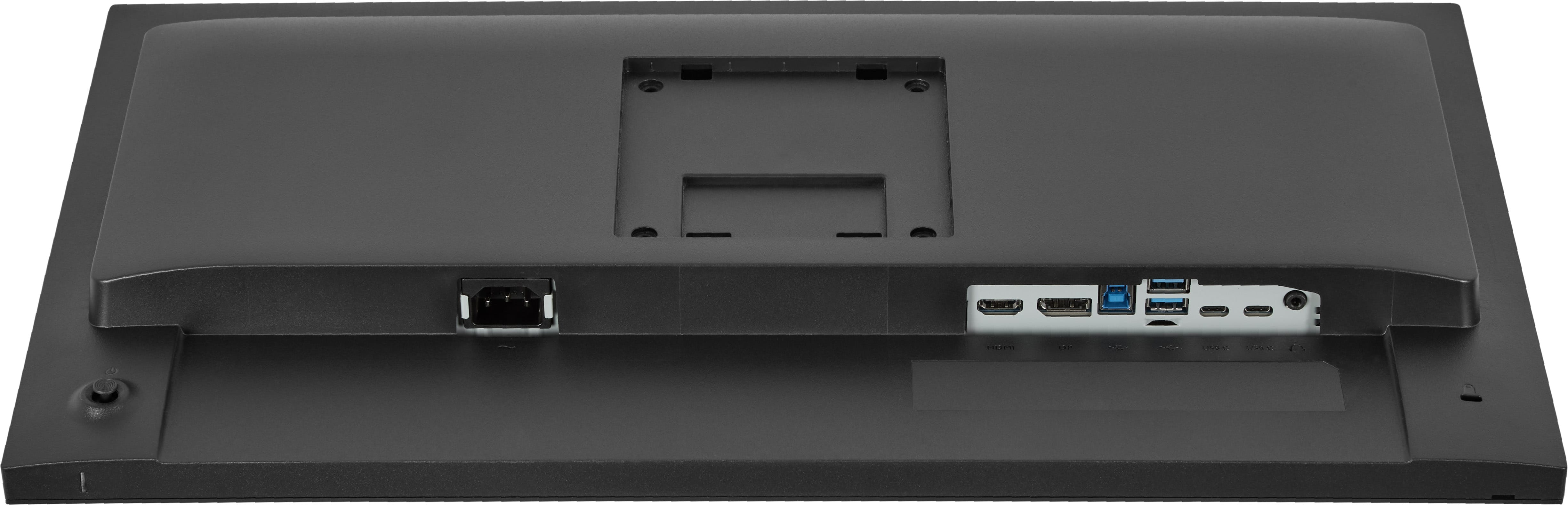 Rückseite eines schwarzen Monitors mit verschiedenen Anschlüssen: Strom, HDMI, USB-A, USB-C, Audio.
