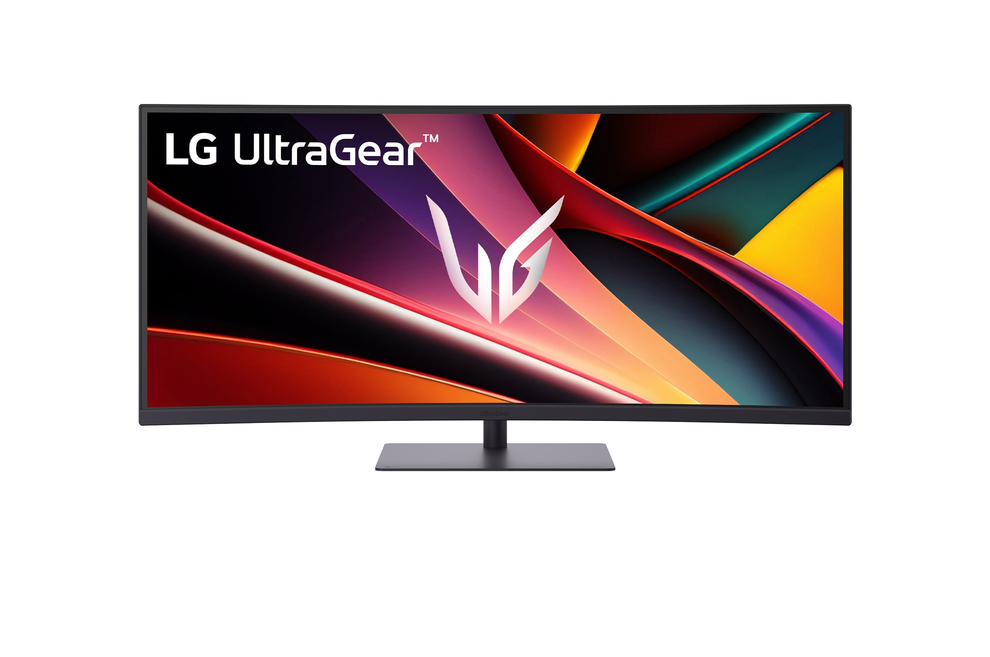 Zakrzywiony monitor LG UltraGear z kolorowym, abstrakcyjnym tłem i białym logo.
