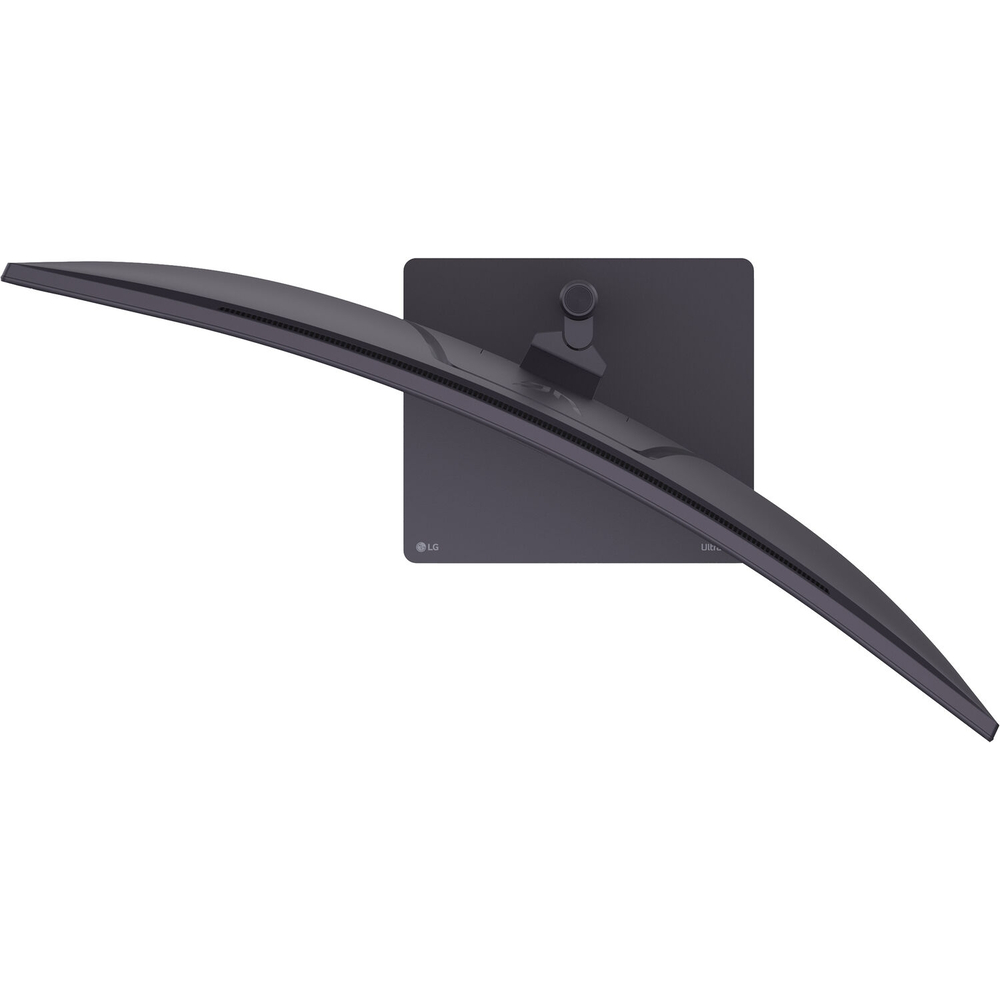 Zakrzywiony czarny monitor z logo LG.