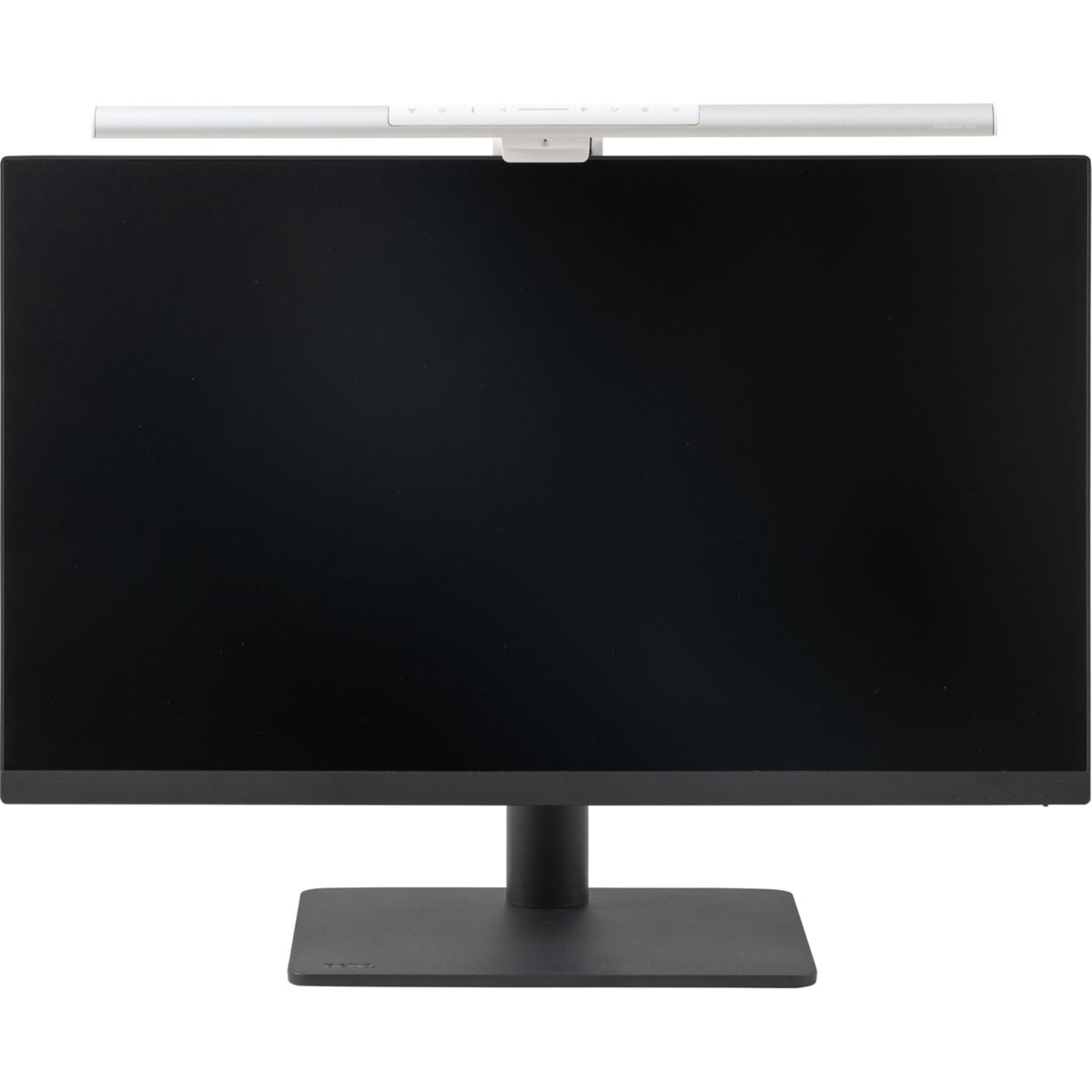 Czarny monitor z wąskim srebrnym paskiem na górze.