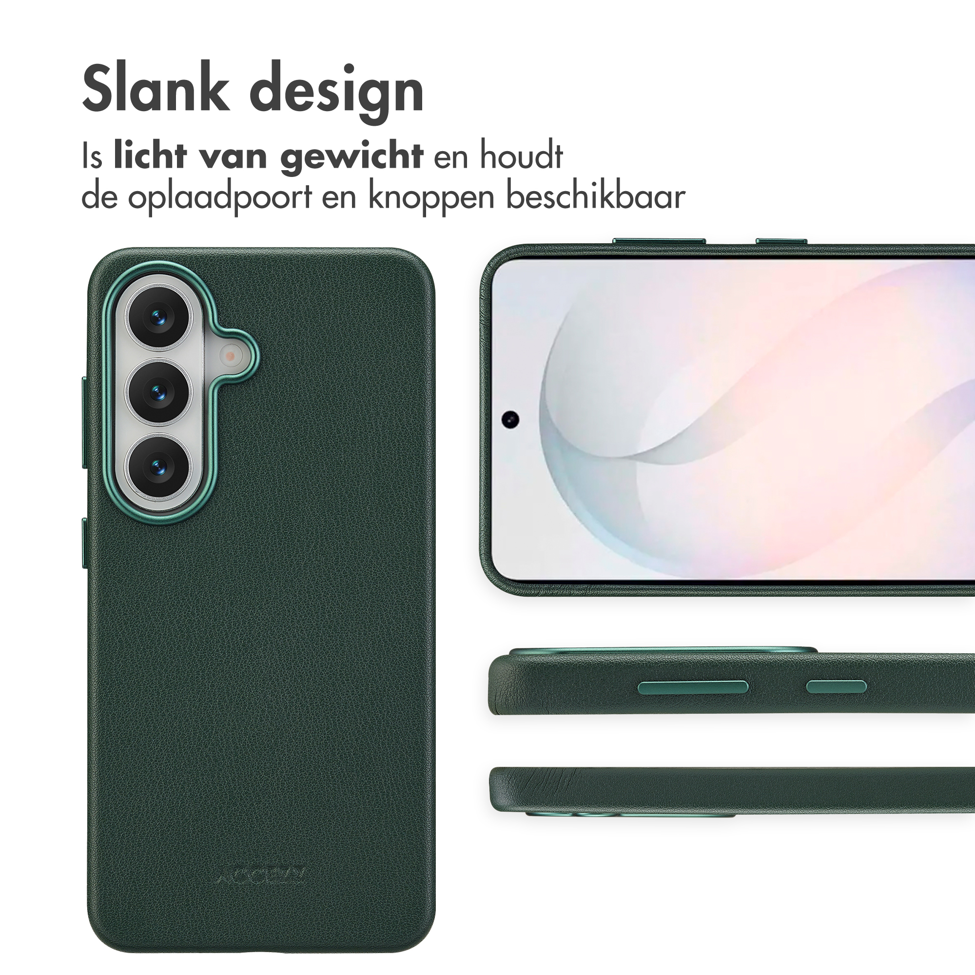 Donkergroene telefoonhoes met drie camera's aan de achterkant en een stijlvol design.