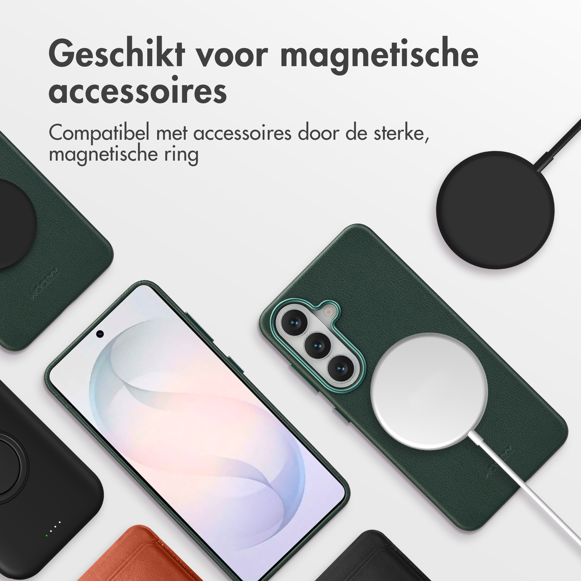 Meerdere telefoonhoesjes in groen, zwart en bruin worden getoond.