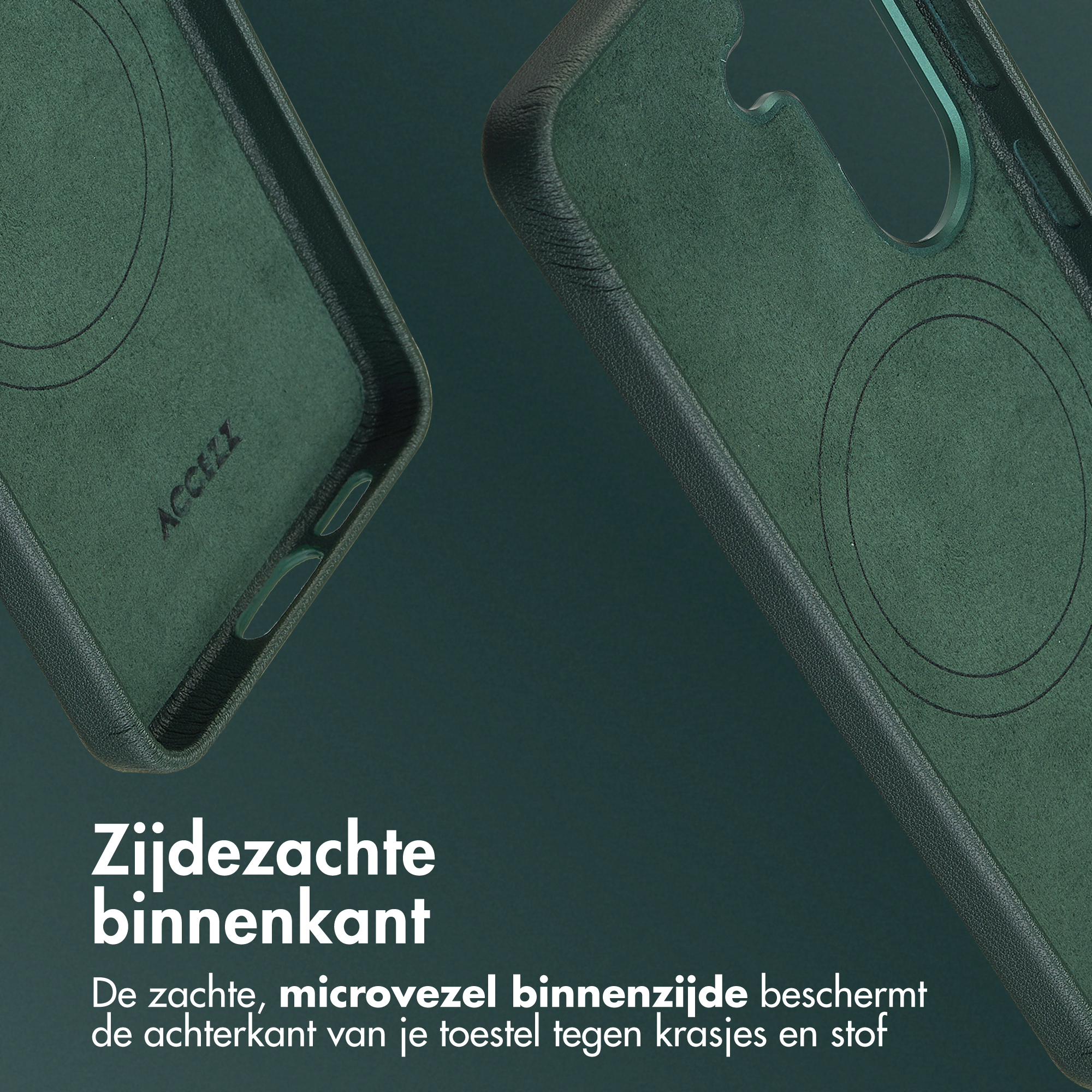Groene telefoonhoes met zachte microvezel voering en ACCEZZ logo.