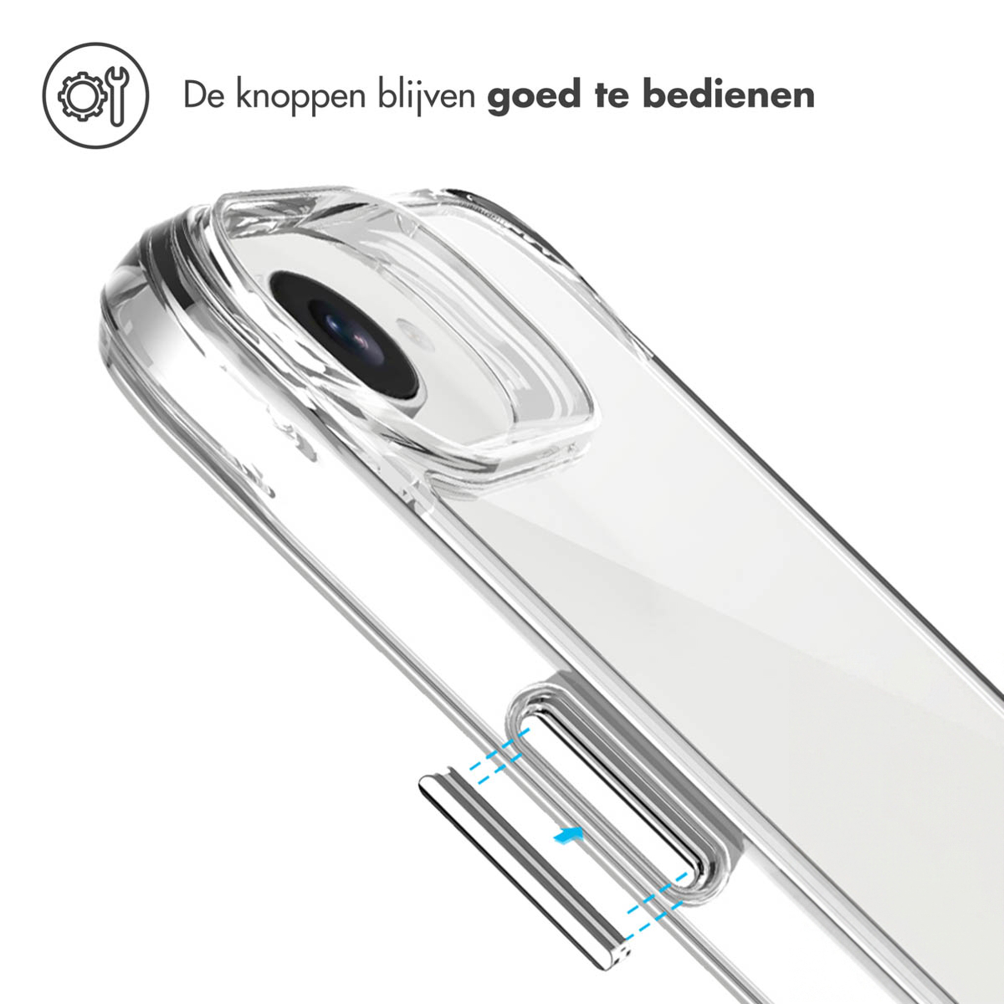 Une coque de téléphone transparente avec une icône d'outil et du texte.