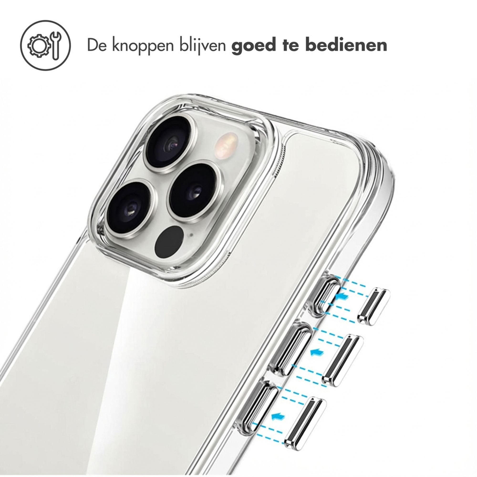 Doorzichtige hoes toont cameramodule en knoppen met pijlen.