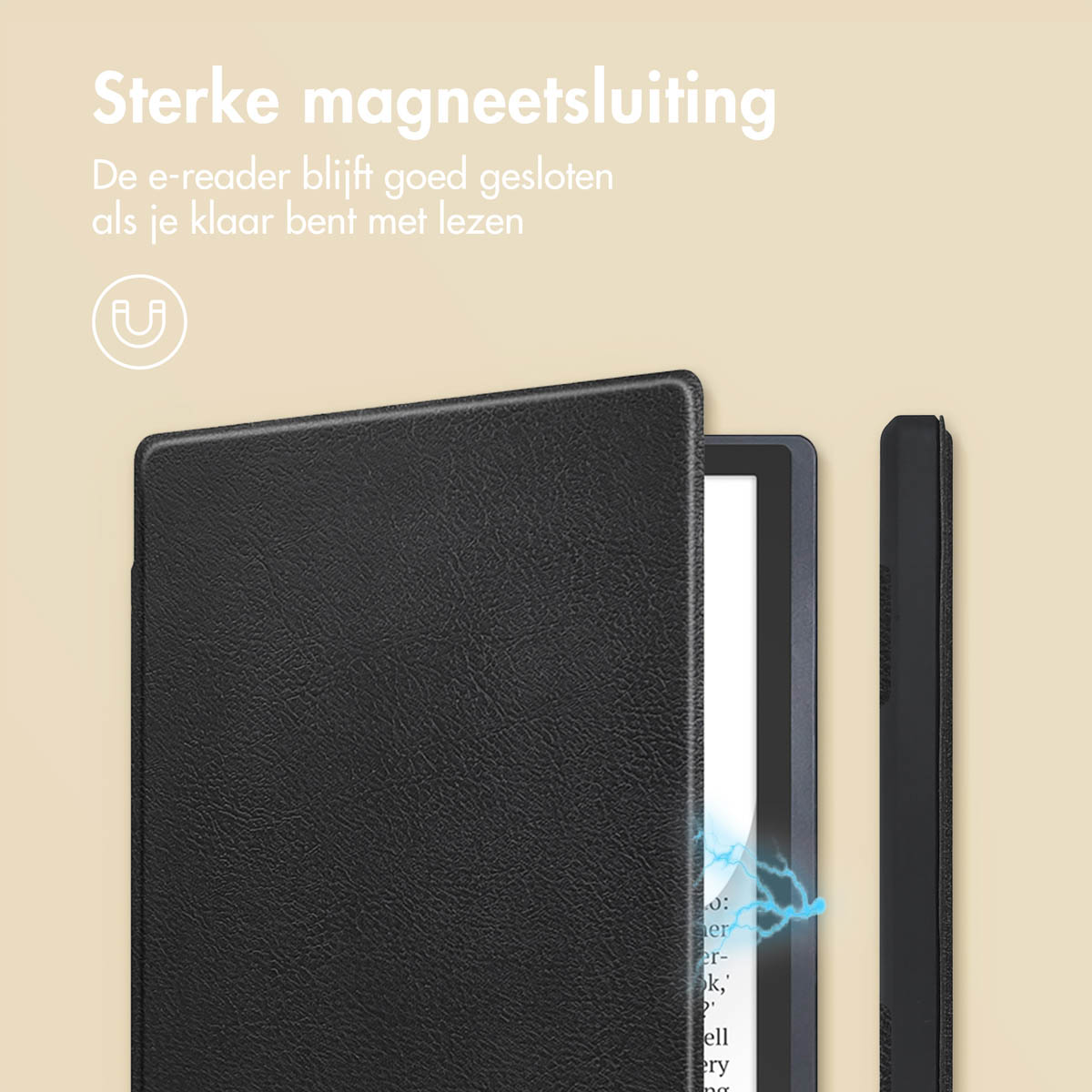 Un étui noir pour e-reader avec fermeture magnétique et écran rabattable.
