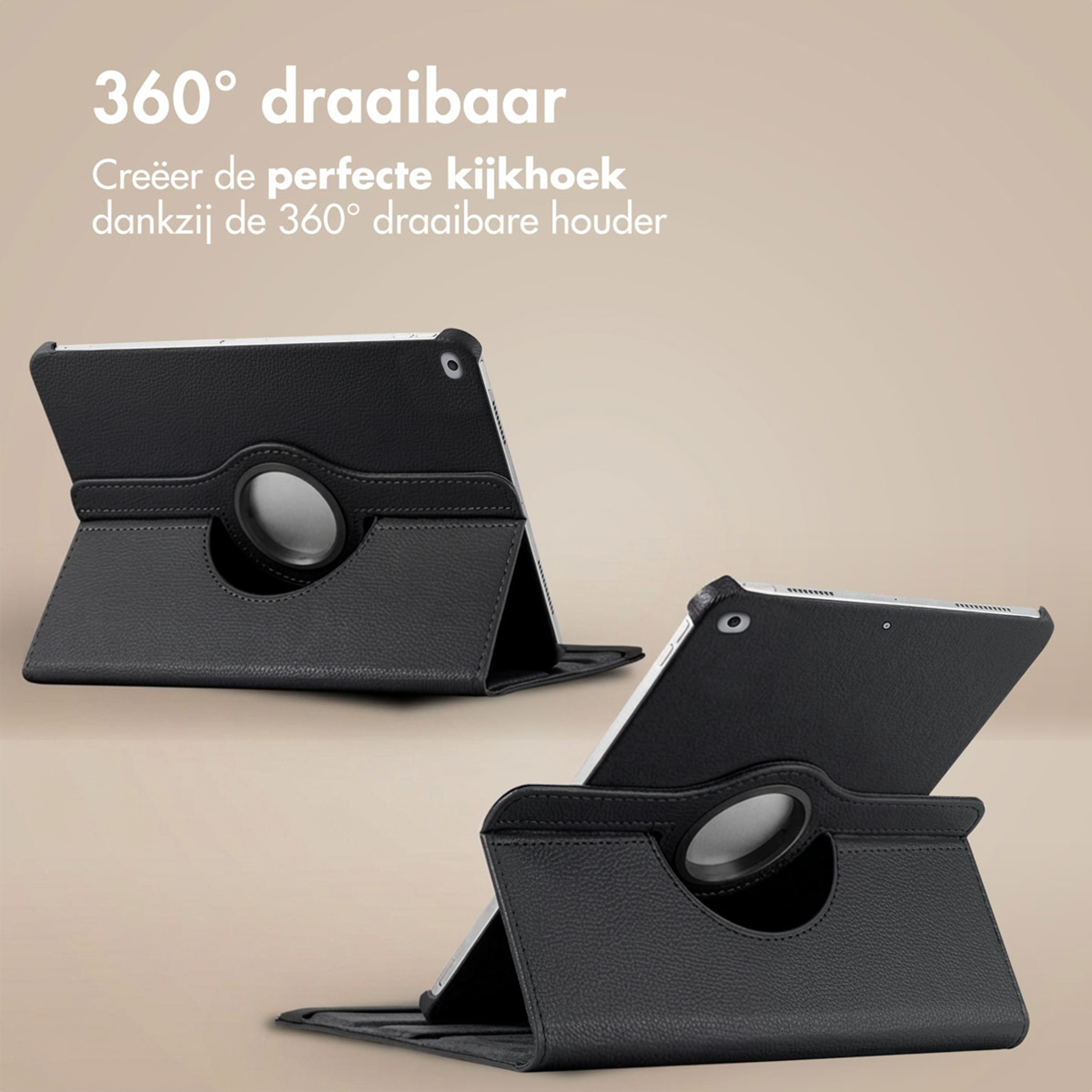 Black tablet case with 360-degree rotating feature on a light brown background.
