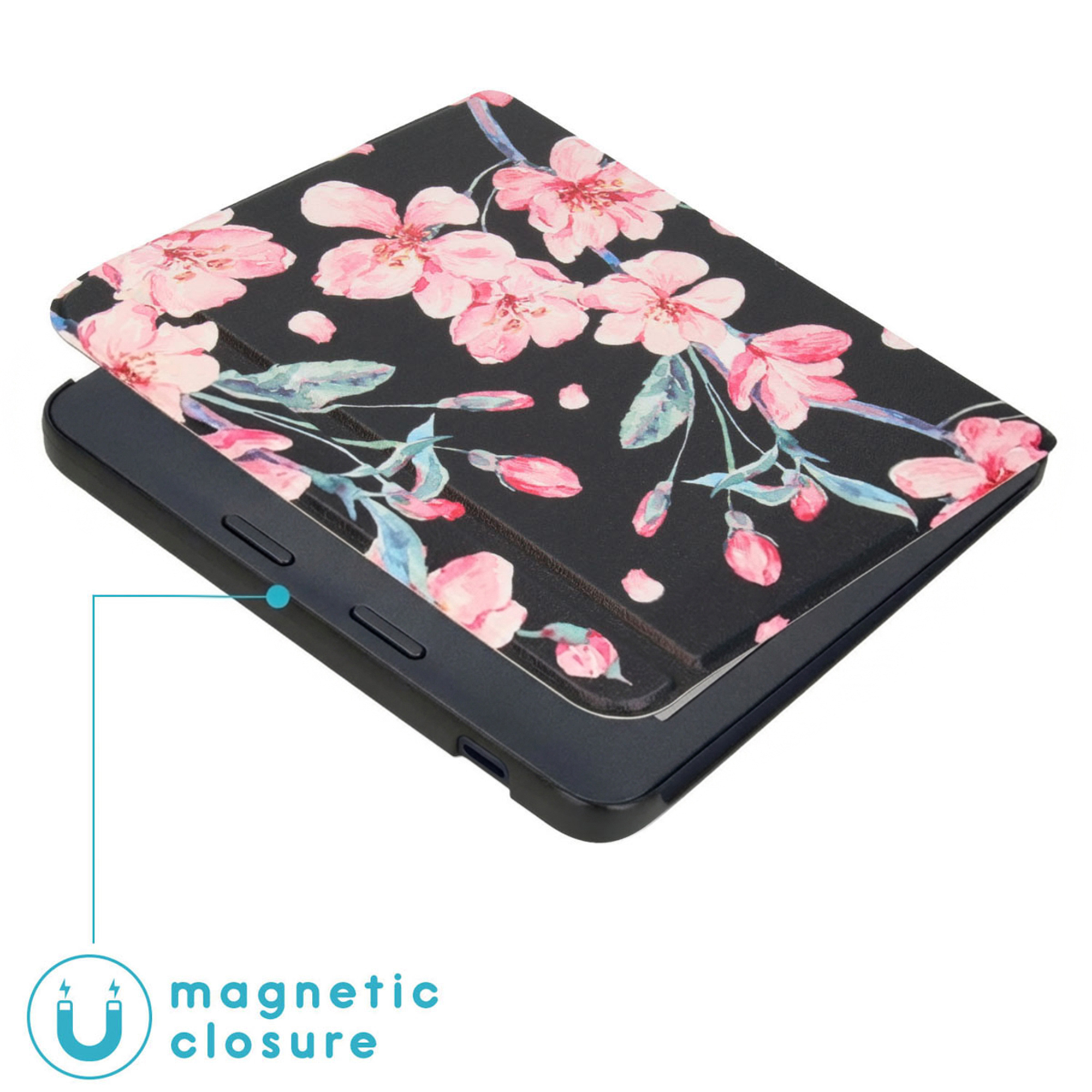 Étui noir pour liseuse avec motif de fleur de cerisier rose et fermeture magnétique.