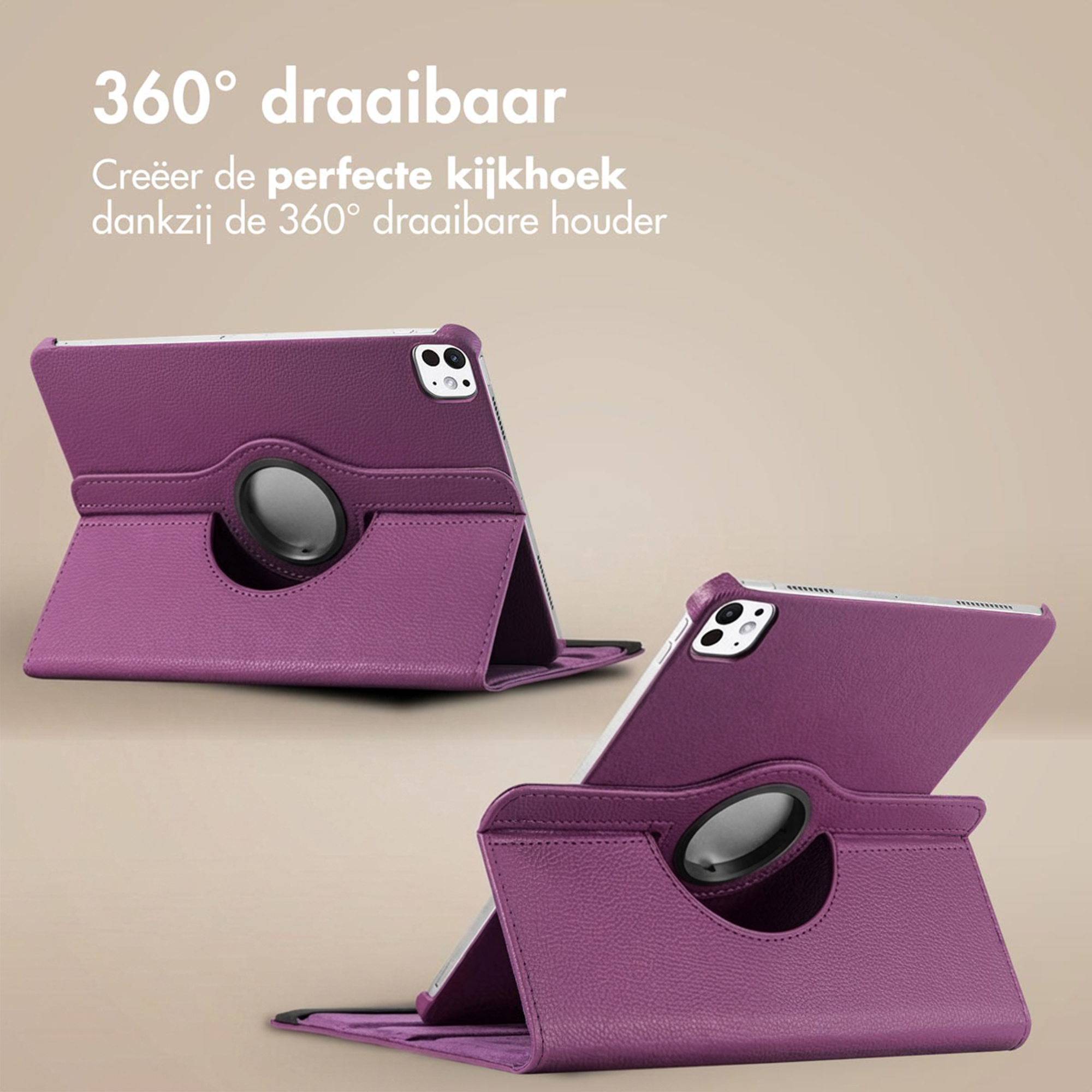 Paarse tablethoes met 360 graden draaifunctie, in twee weergaven.