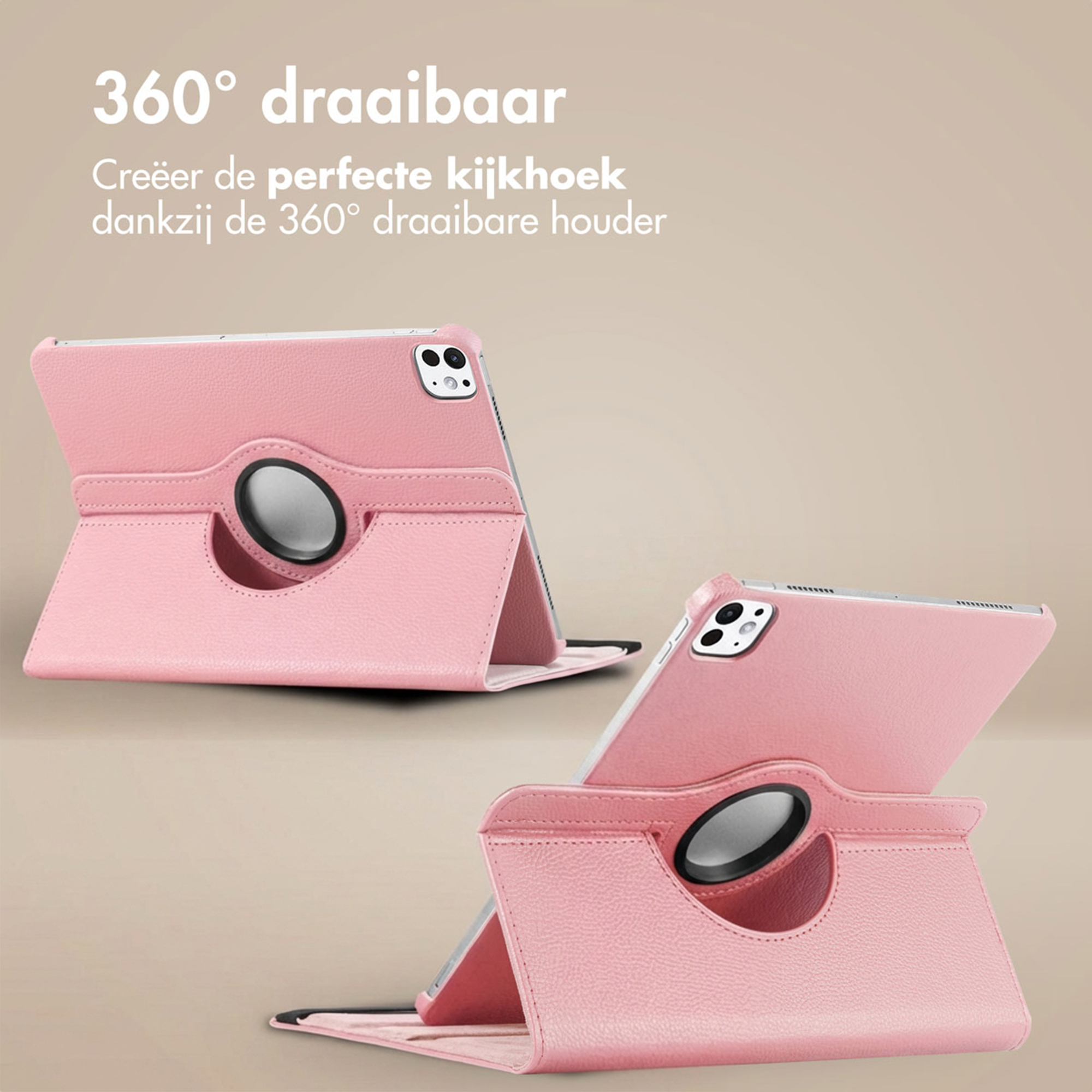 Twee roze tablethoesjes met 360 graden draaifunctie op neutrale achtergrond.