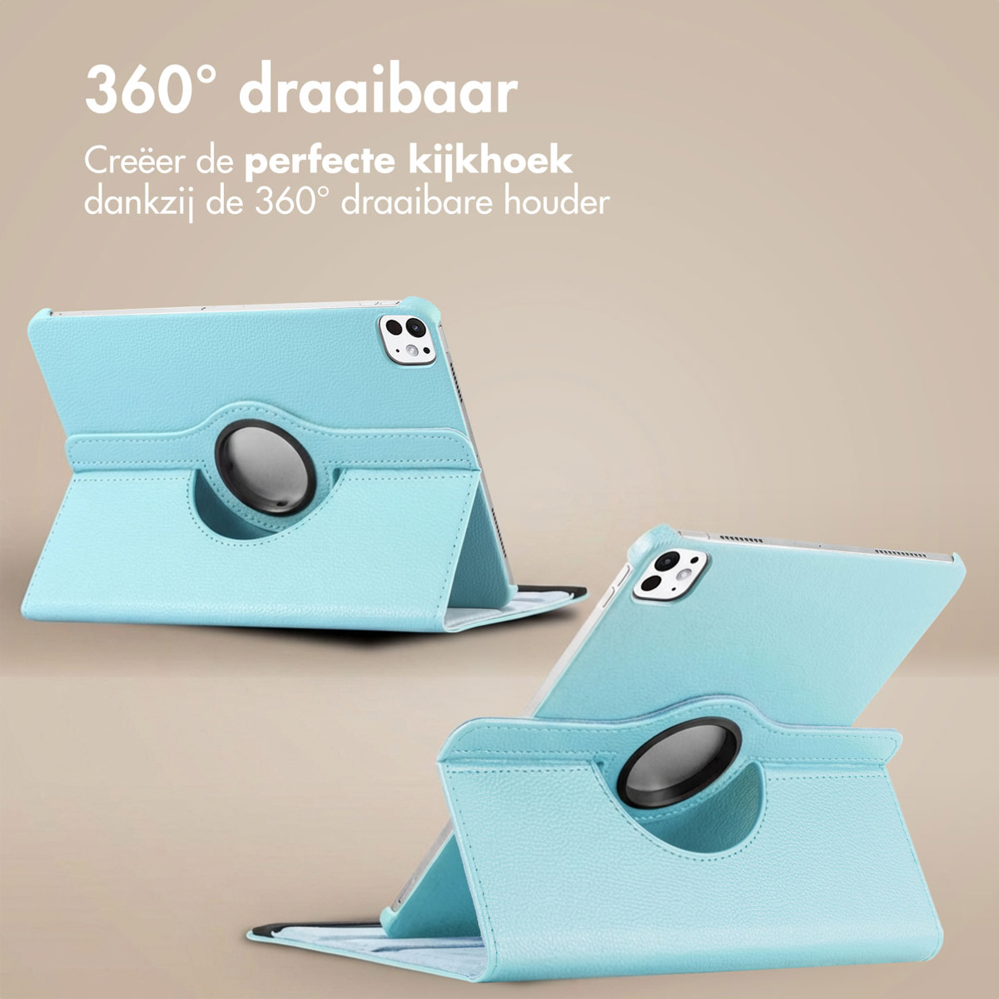 Étui pour tablette bleu clair avec fonction rotative à 360 degrés et découpe caméra.