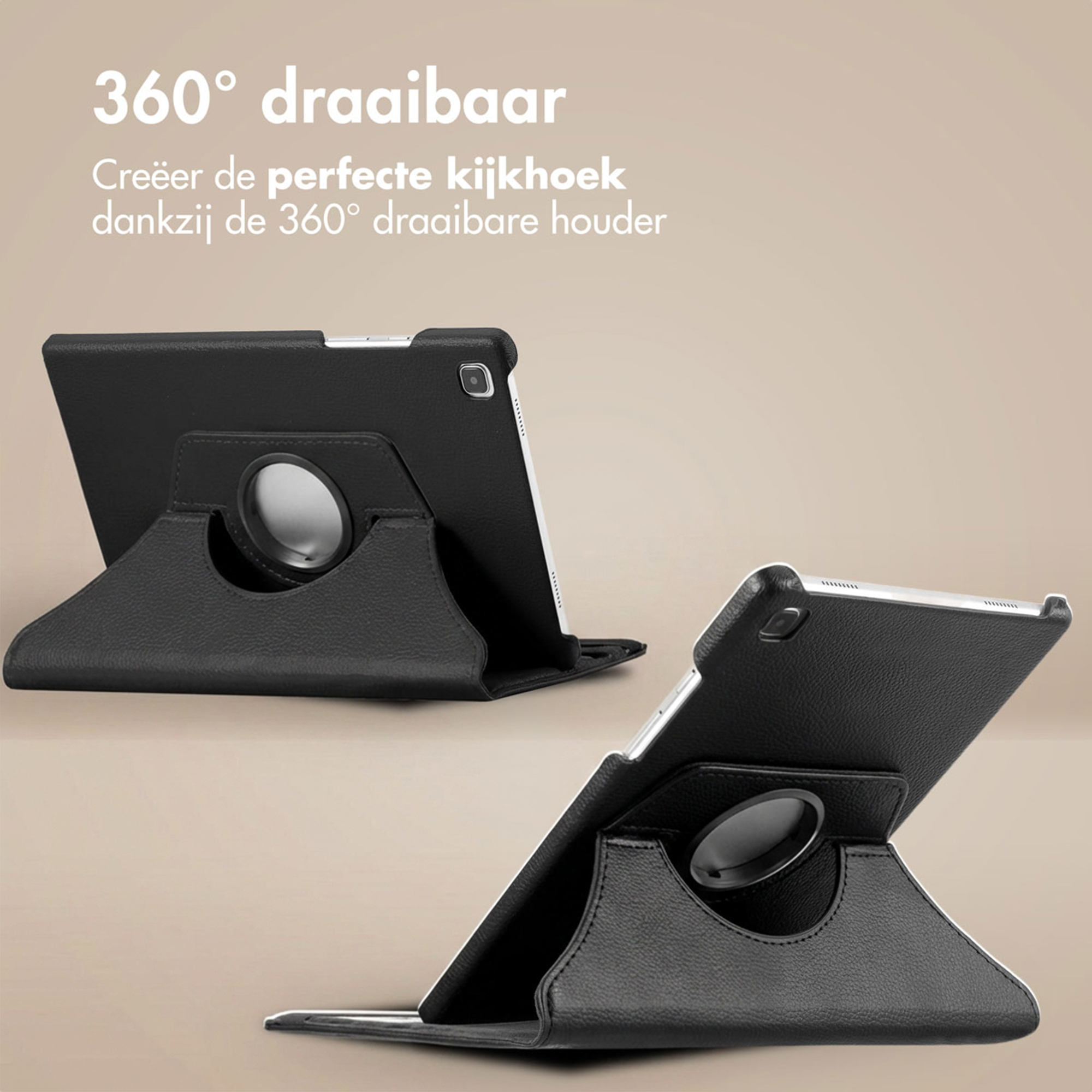 Black tablet case with 360° rotating function, used as a stand.