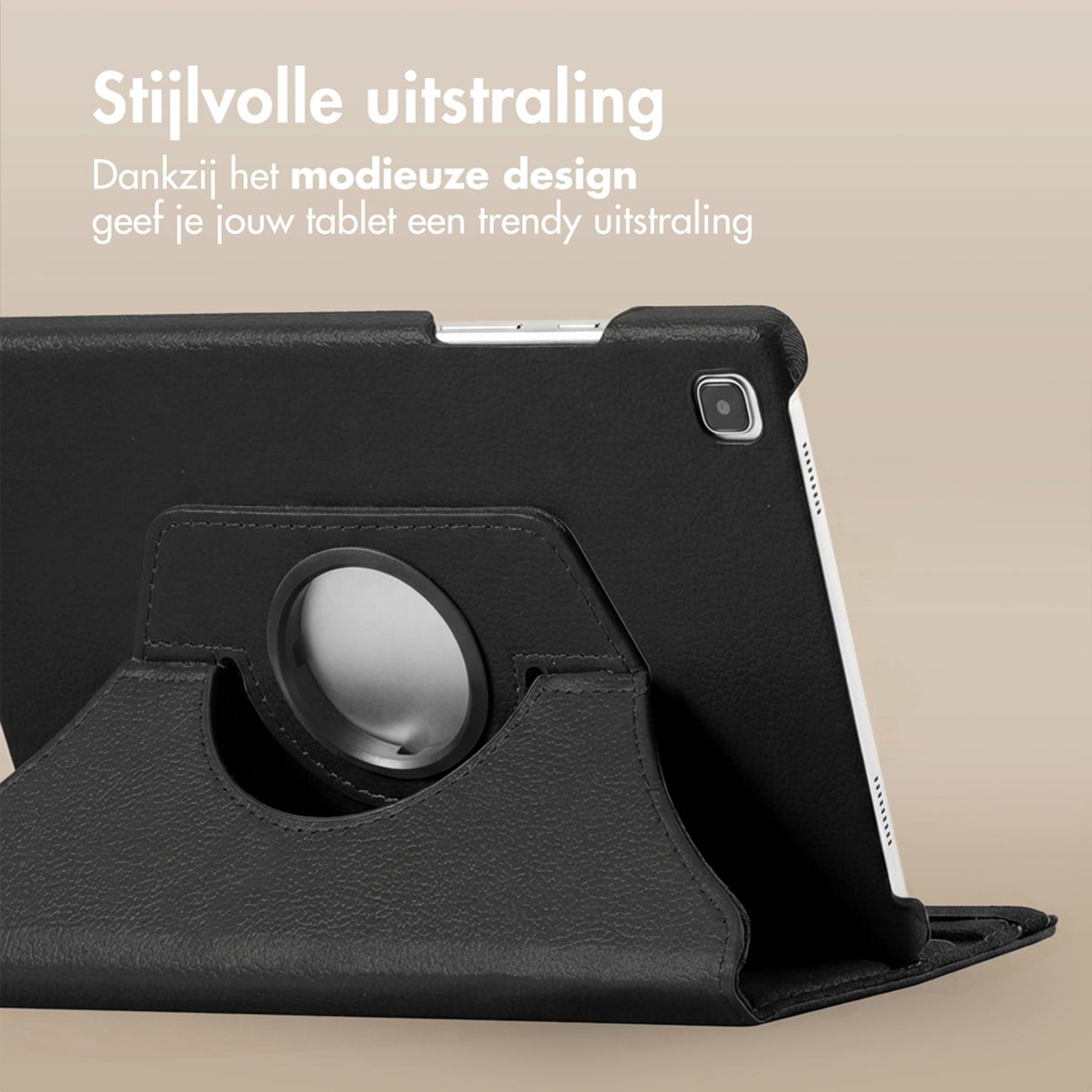 Black tablet in a case with a swivel feature, close-up.