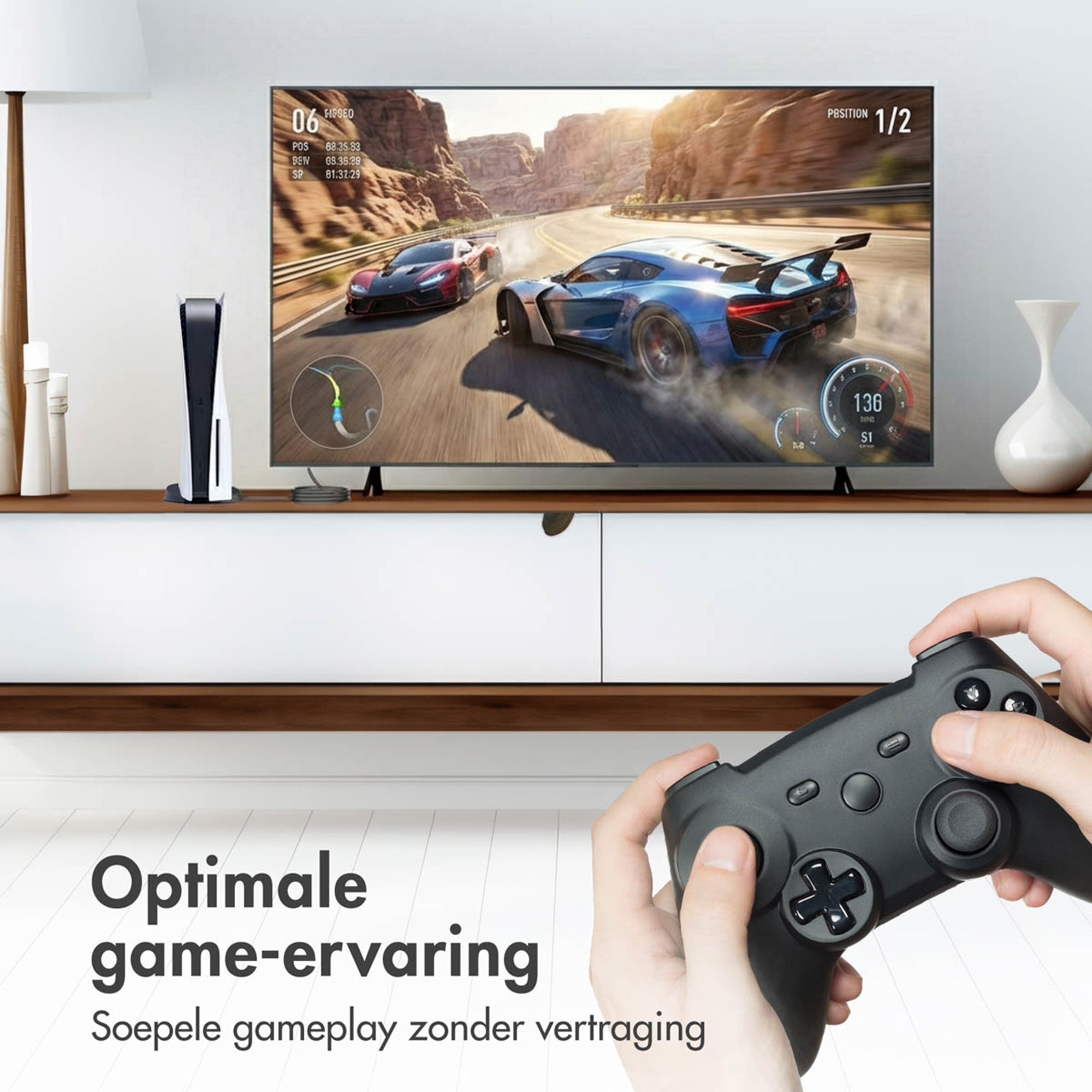 A controller plays a racing game on a TV, with a game console beside it.