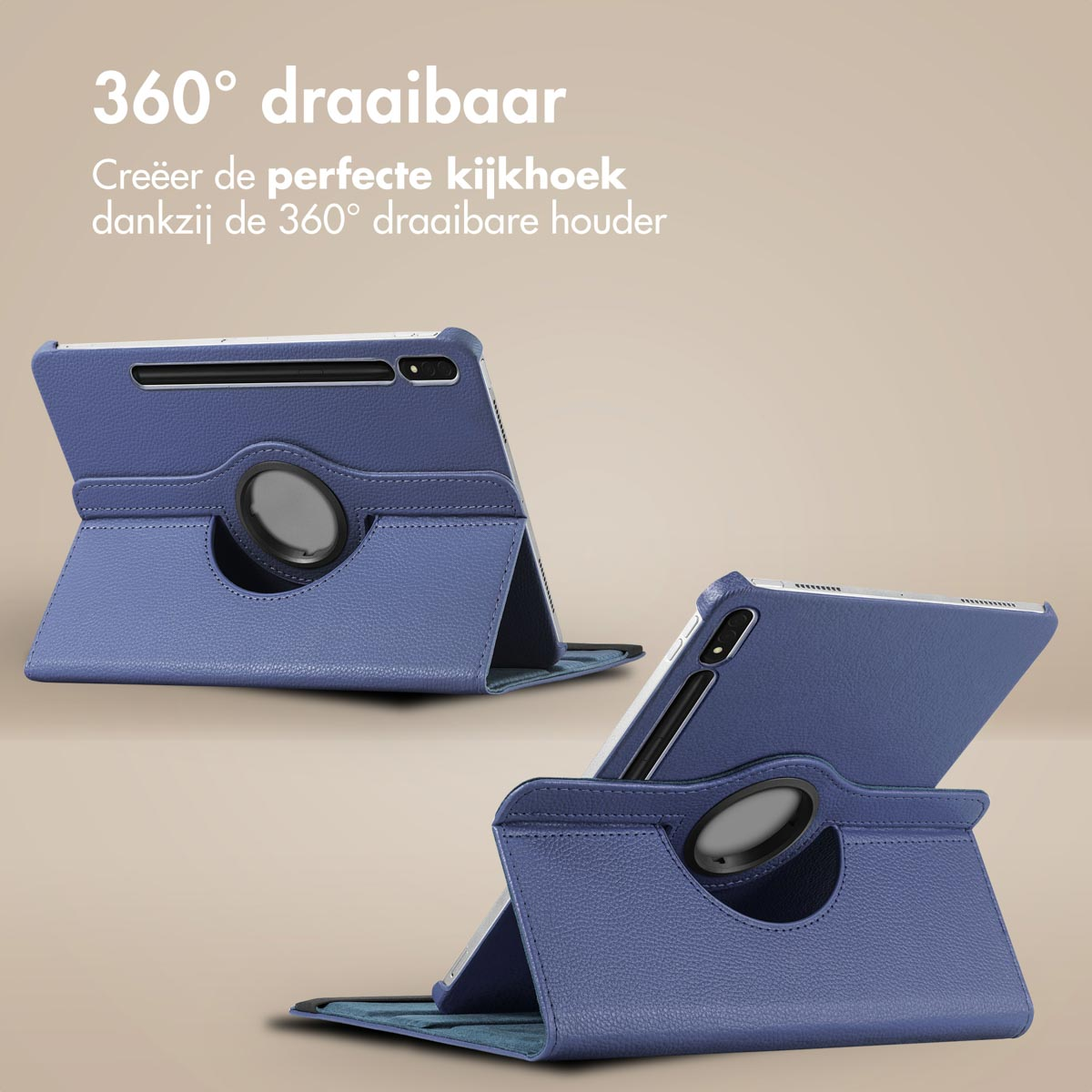A blue tablet in a case with 360-degree rotation.