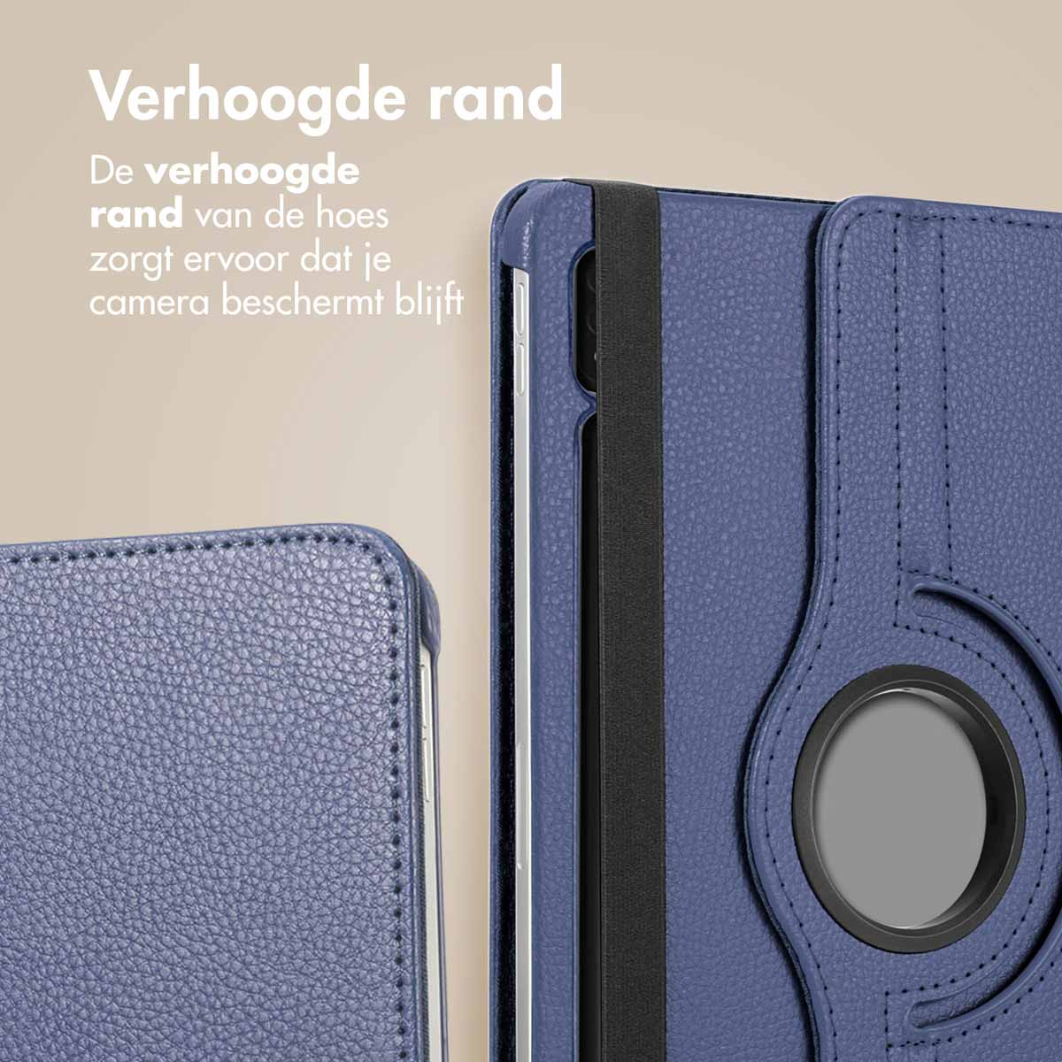 Blue tablet case with raised edge and black elastic strap.